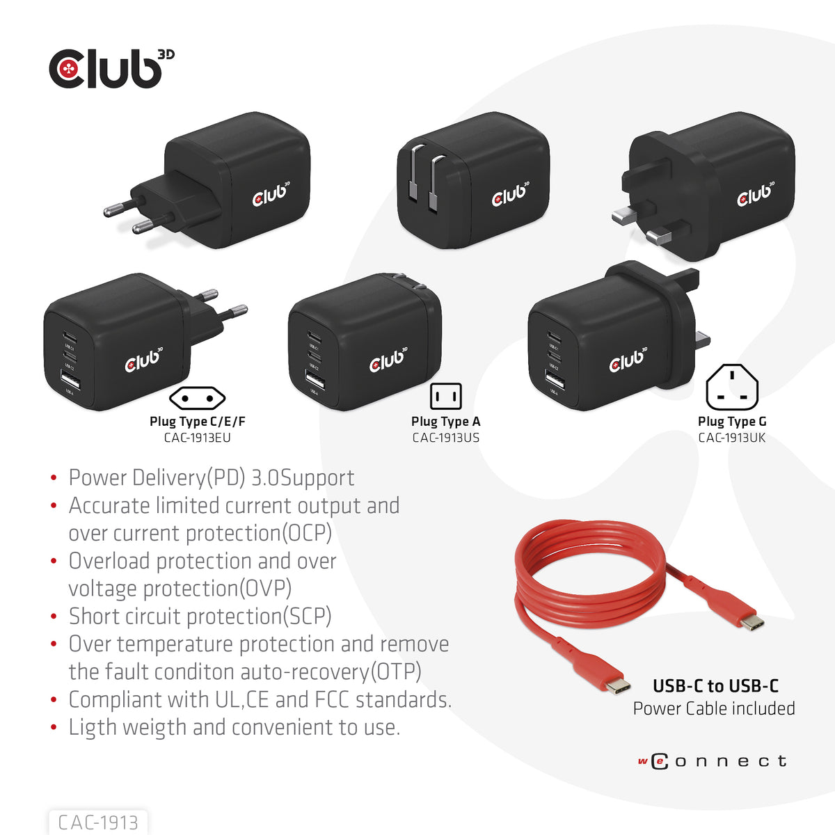 CLUB3D CAC-1913 Chargeur Universel Secteur Charge Rapide, 2 Ports USB-C, Noir