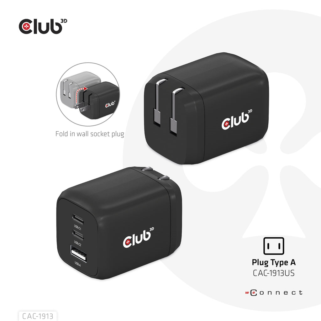 CLUB3D CAC-1913 Chargeur Universel Secteur Charge Rapide, 2 Ports USB-C, Noir