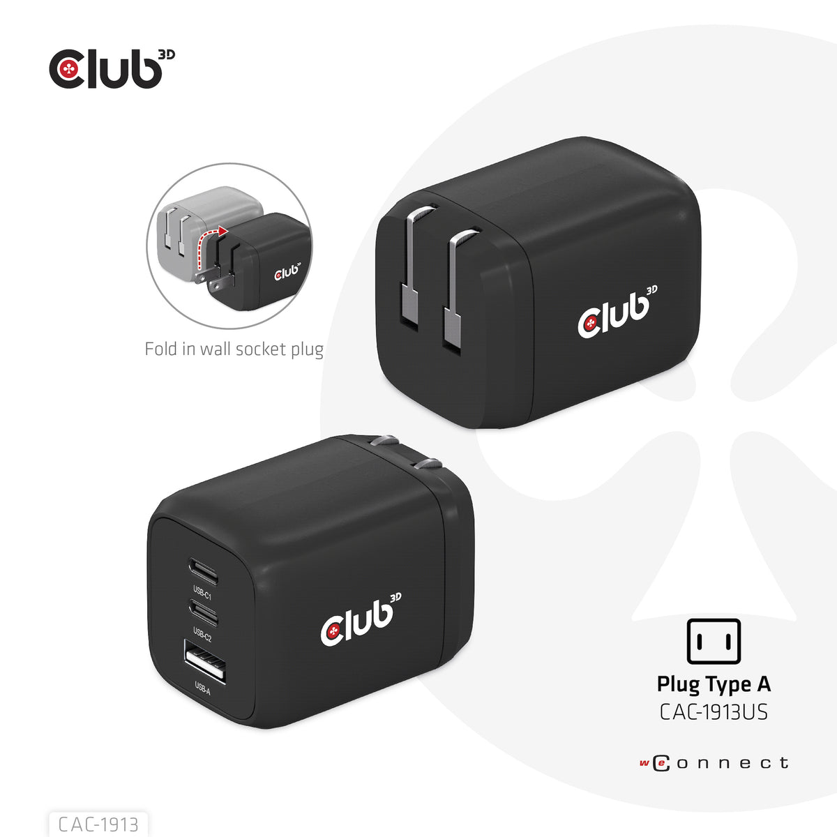 CLUB3D CAC-1913 Chargeur Universel Secteur Charge Rapide, 2 Ports USB-C, Noir
