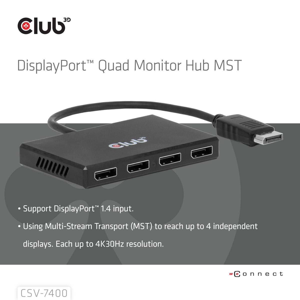 CLUB3D CSV-7400 Répartiteur Vidéo DisplayPort vers 4x DisplayPort 4K UHD