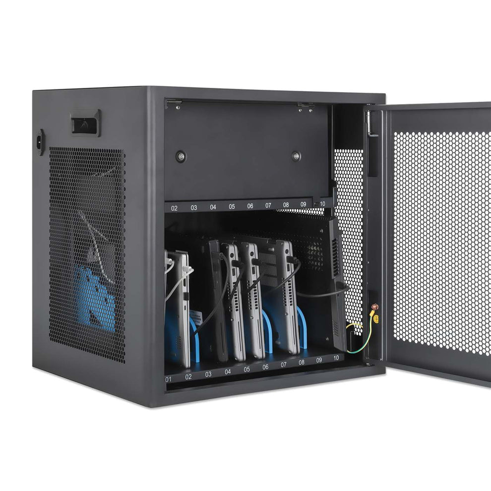 Manhattan Laptop Charging Cabinet Desktop via AC Adapter (EU) 10-bay Install device's AC Adapter (power cables) into unit Suitable for ALL laptops (to 16 ) iPads MacBooks Chromebooks other portable devices Bays 380x30x280mm Cart Lockable - vue 7