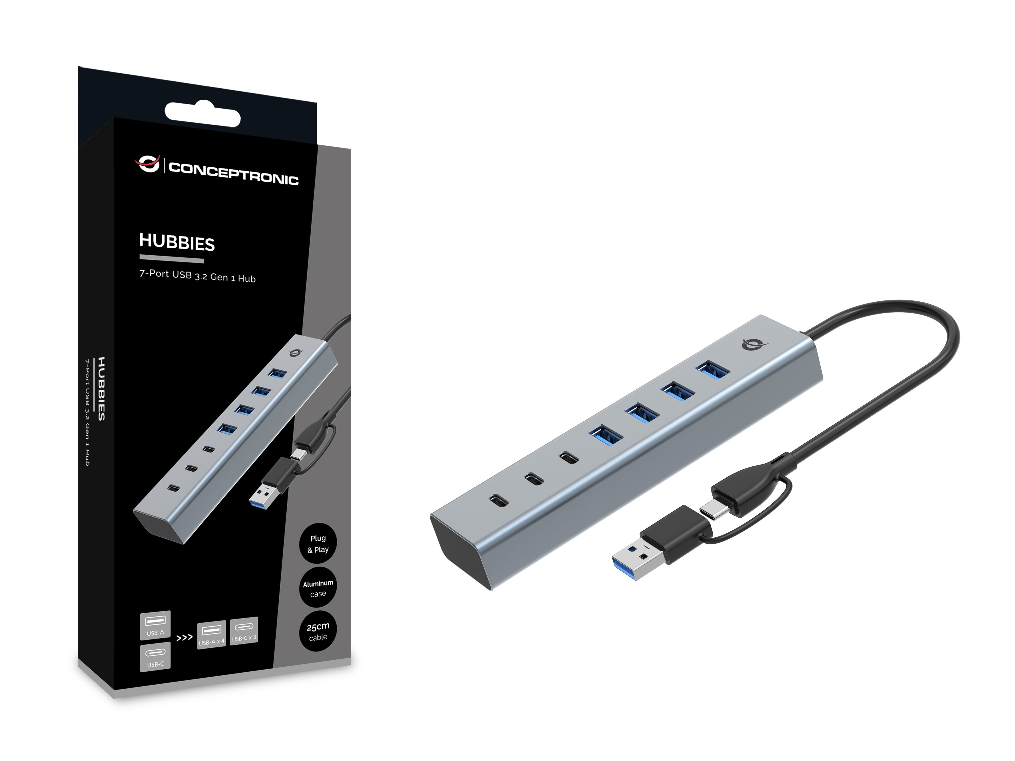 Conceptronic HUBBIES20G hub & concentrateur USB 3.2 Gen 1 (3.1 Gen 1) Type-C 5000 Mbit/s Gris