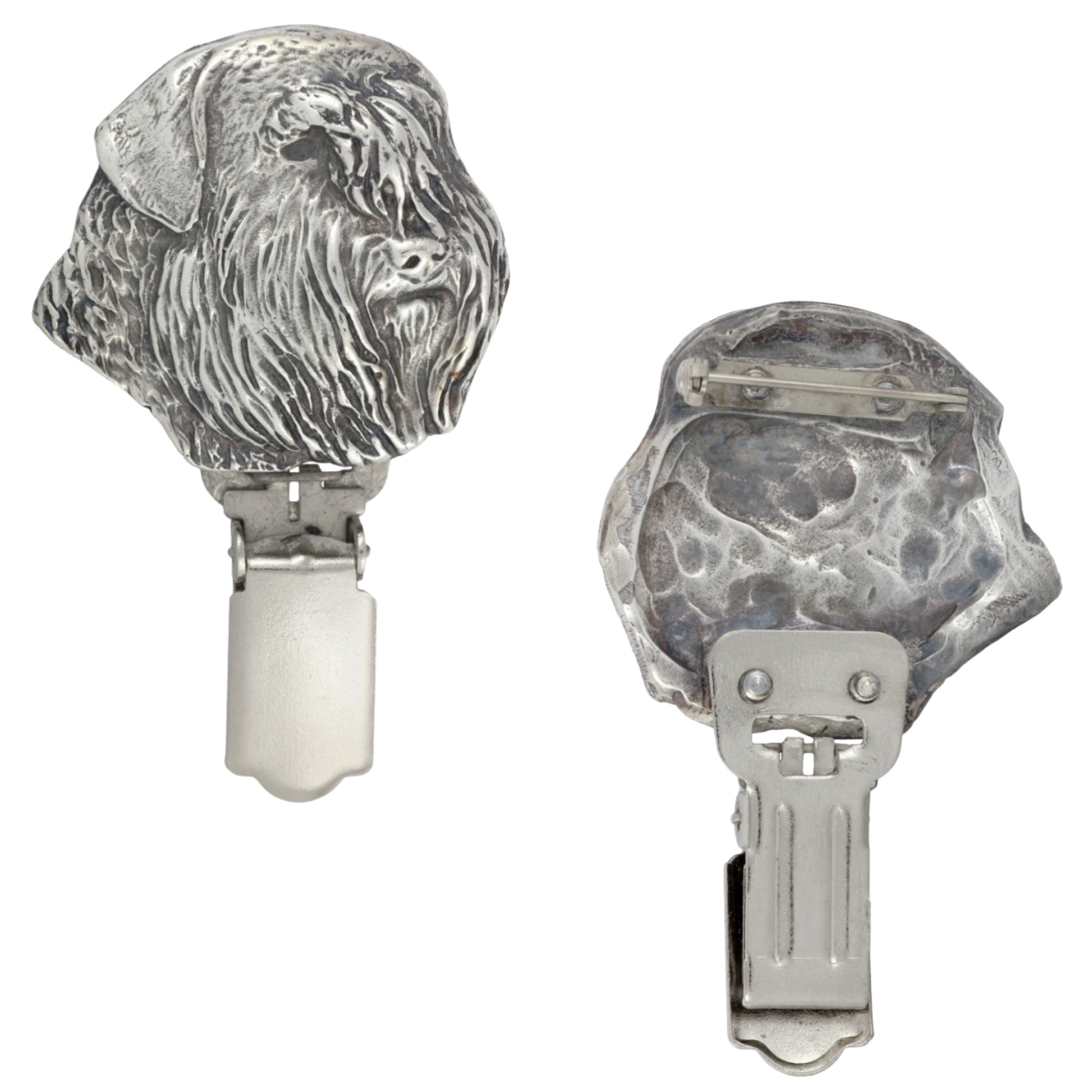 Bouvier des Flandres, Flanders Cattle Dog - brooch with a clip, holder for a start number, silver-plated dog show pin from the Art-Dog brand
