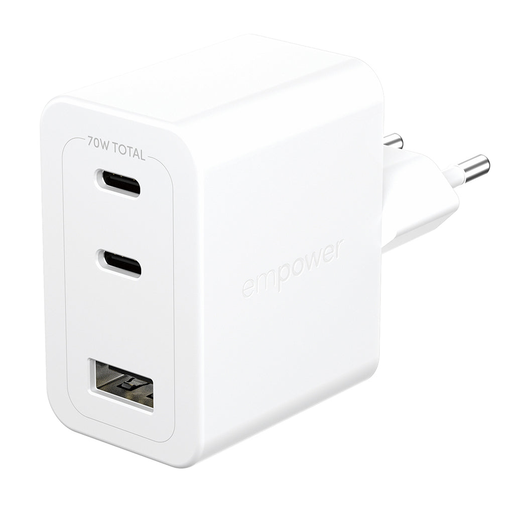 PanzerGlass empower Turbo Chargeur 70W, 2 x USB-C + USB-A, Prise EU, Blanc