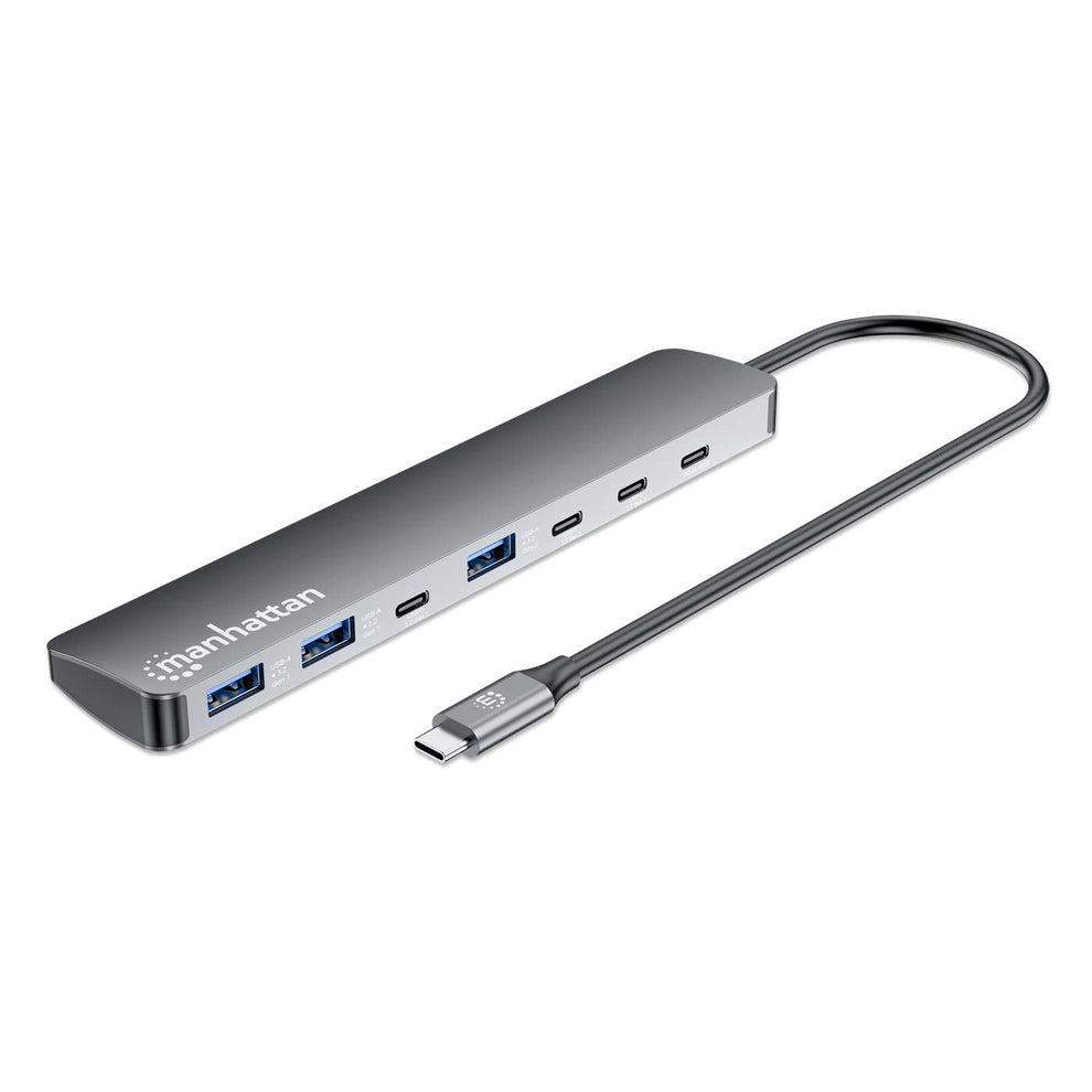 Manhattan Dock/hub USB-C, 7 ports : 3x USB-A + 4x USB-C, Pavec Power Delivery (PD) 100 W - nécessite un chargeur USB-C externe (non inclus). Alimenté par USB (aucune alimentation externe requise) lorsque le PD n’est pas utilisé, aluminium