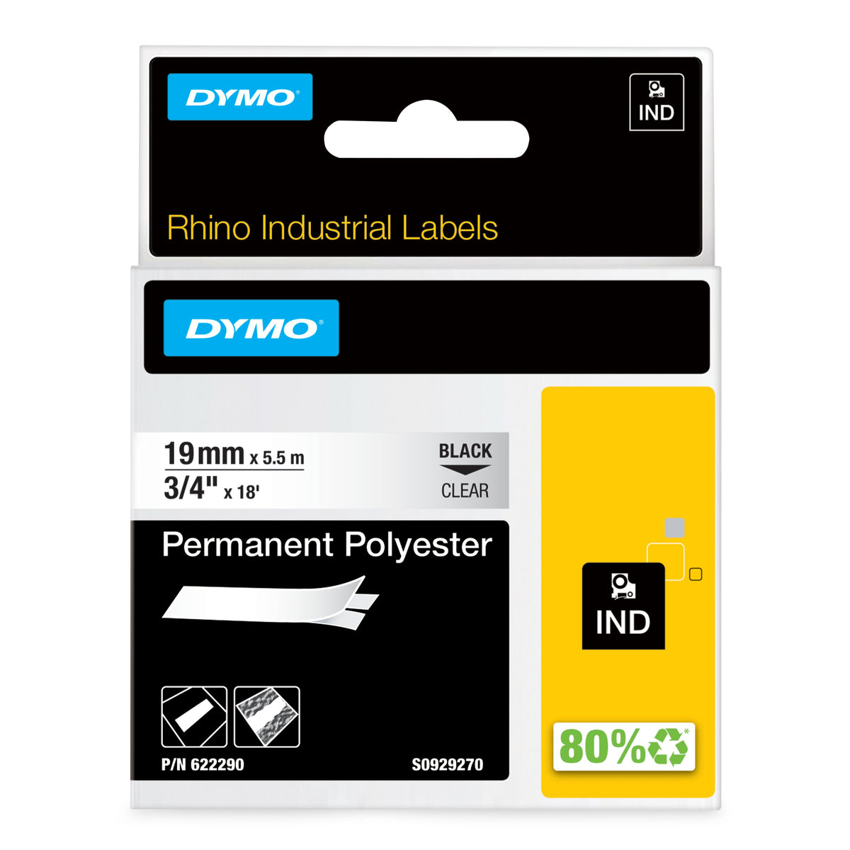 DYMO Rhino étiquettes industrielles autocollantes en polyester | 19 mm x 3,5 m | impression en noir sur fond transparent