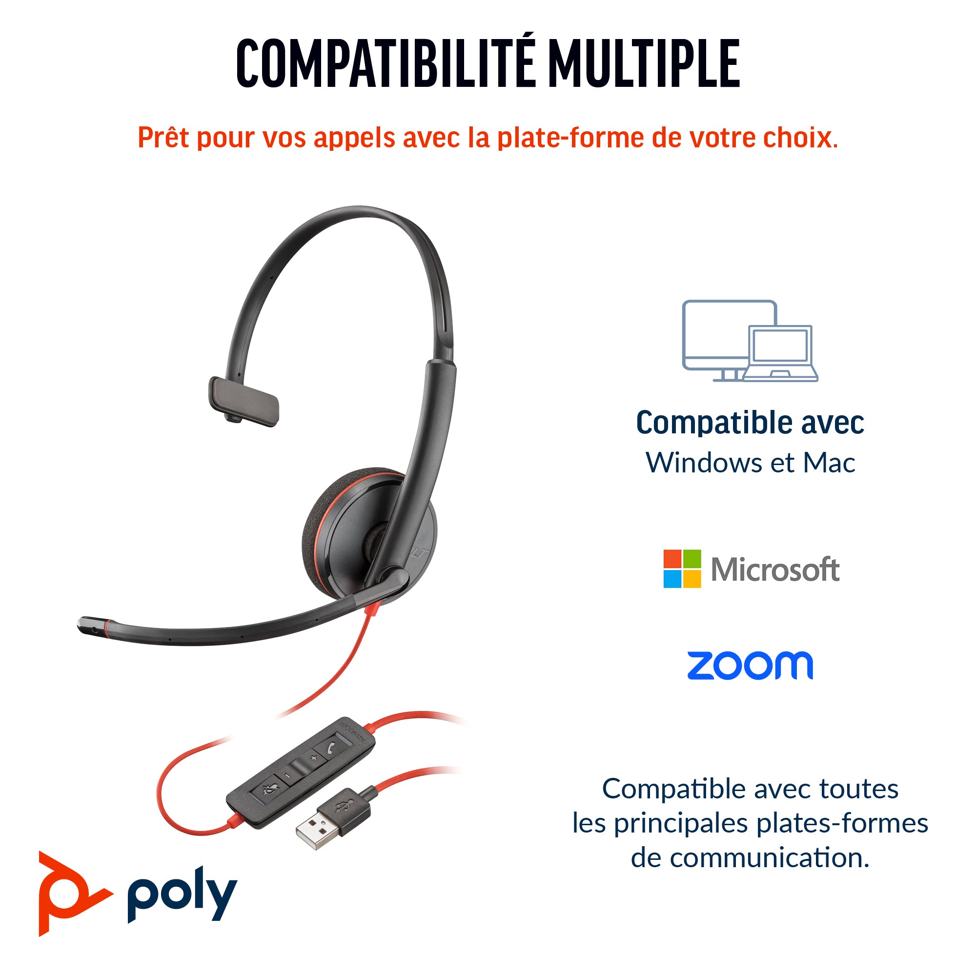 HP Poly Micro-casque Poly Blackwire 3210 monaural USB-C + adaptateur USB-C/A