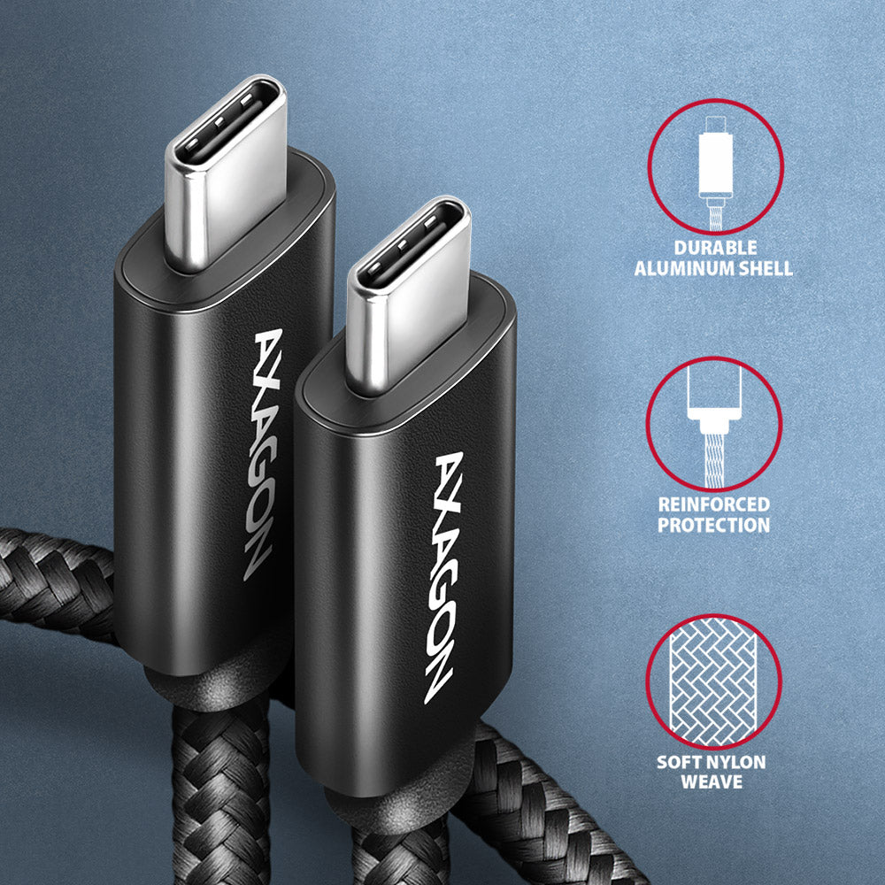Axagon BUCM2-CM30AB Ladekabel USB-C zu USB-C 2.0, 3 m, PD 240 W 5 A, ALU - Schwarz - 3 Meter langes USB-C zu USB-C Kabel - Daten- und Ladefähig câble USB USB 2.0 USB C 0,48 Gbit/s Noir