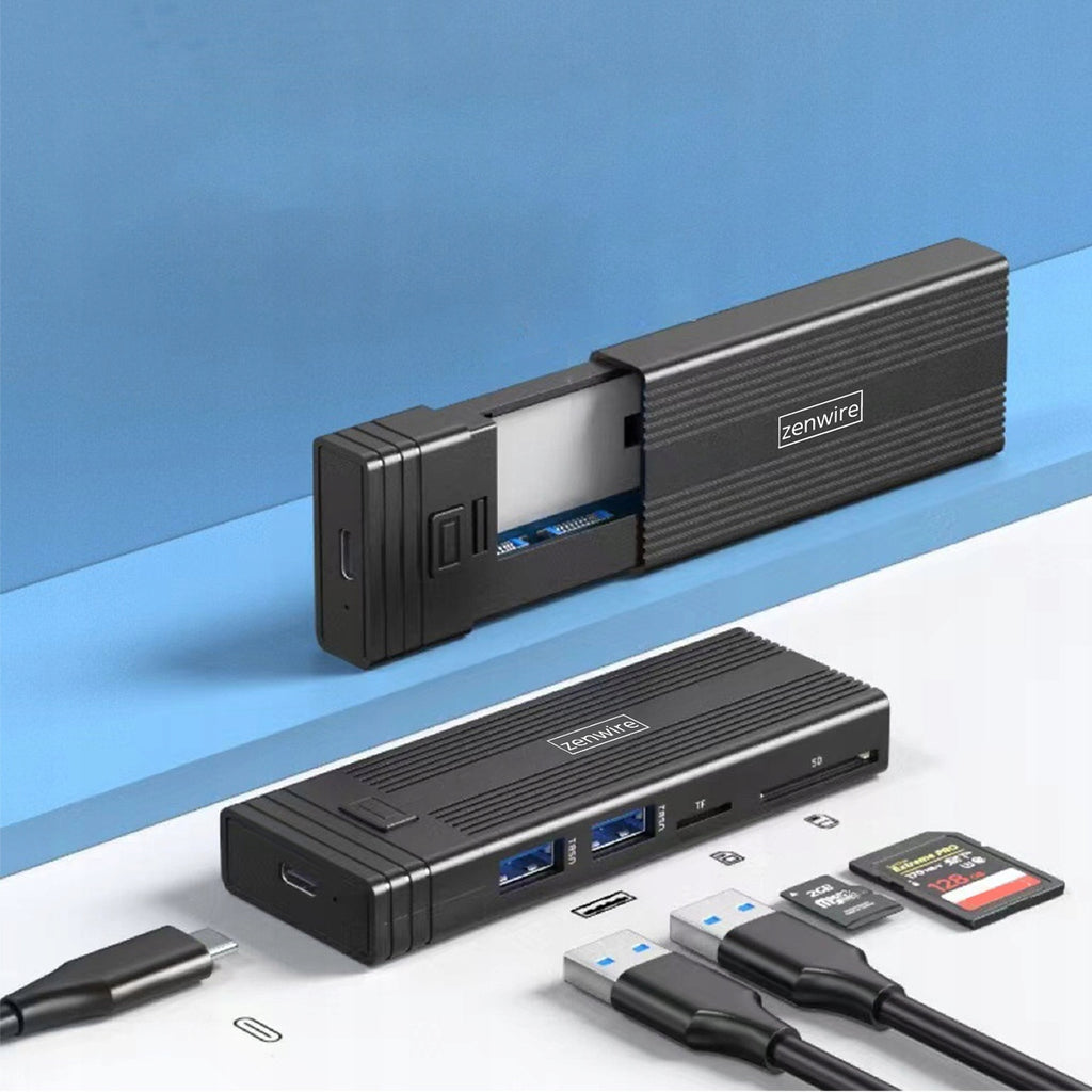 Boîtier pour disque dur HUB USB-C 7-en-1 SSD M.2 NVMe PCIe SATA SD Adaptateur Emplacement M.2 Zenwire HUB63