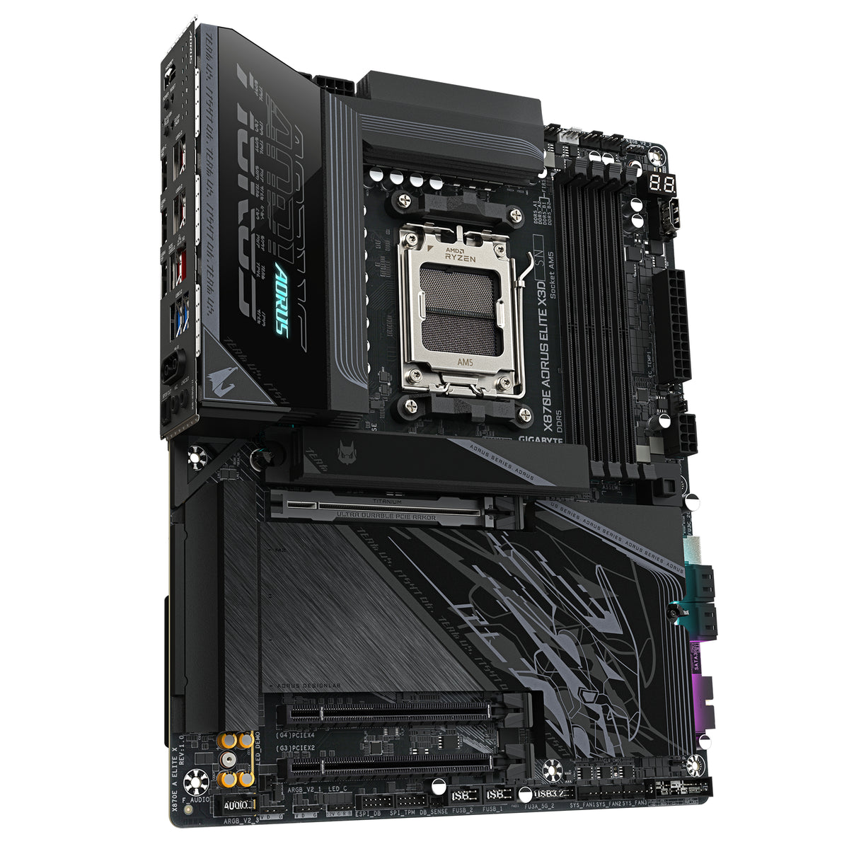 GIGABYTE X870E AORUS ELITE X3D Carte Mère – Prend en charge les processeurs AMD Ryzen 9000, VRM numérique 16+2+2 phases, jusqu’à 9000 Hz DDR5 (OC), 2 x PCIe 5.0 + 2 x PCIe 4.0, Wi-Fi 7, LAN 5 GbE, USB 4 - vue 3