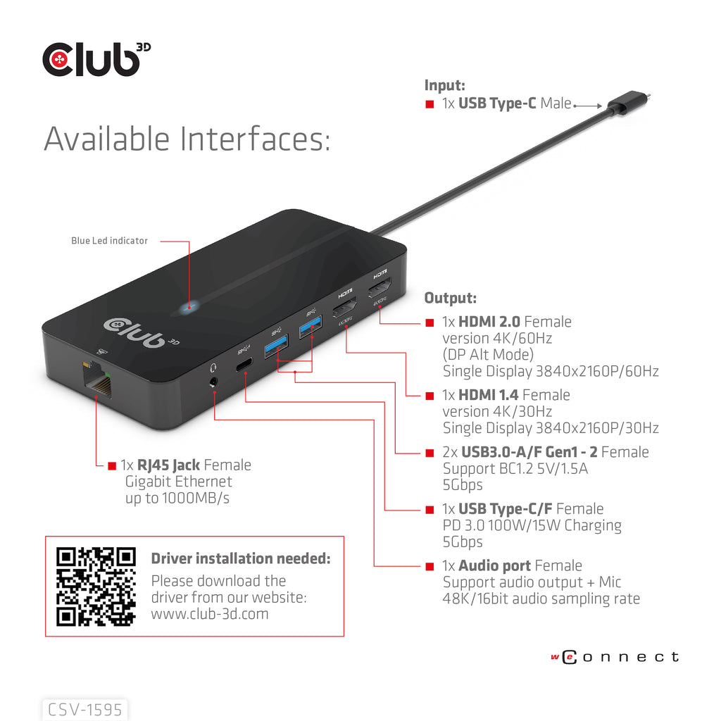 CLUB3D CSV-1595 Station d'accueil USB 3.2 Gen 1 Type-C, 4K UHD 60Hz, Noir