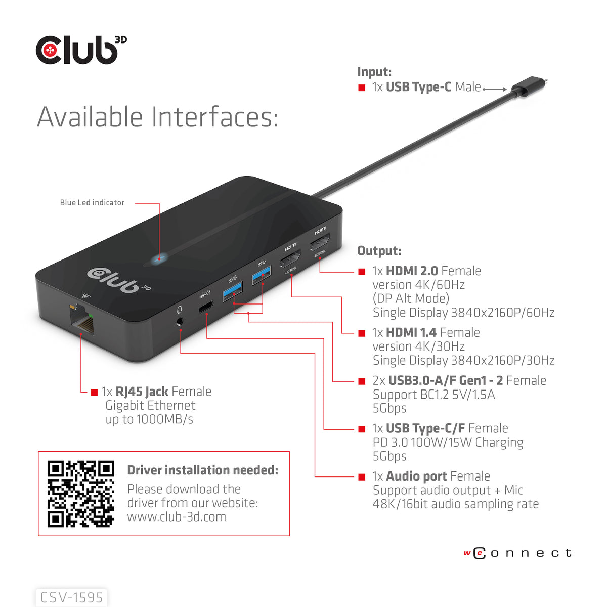 CLUB3D CSV-1595 Station d'accueil USB 3.2 Gen 1 Type-C, 4K UHD 60Hz, Noir