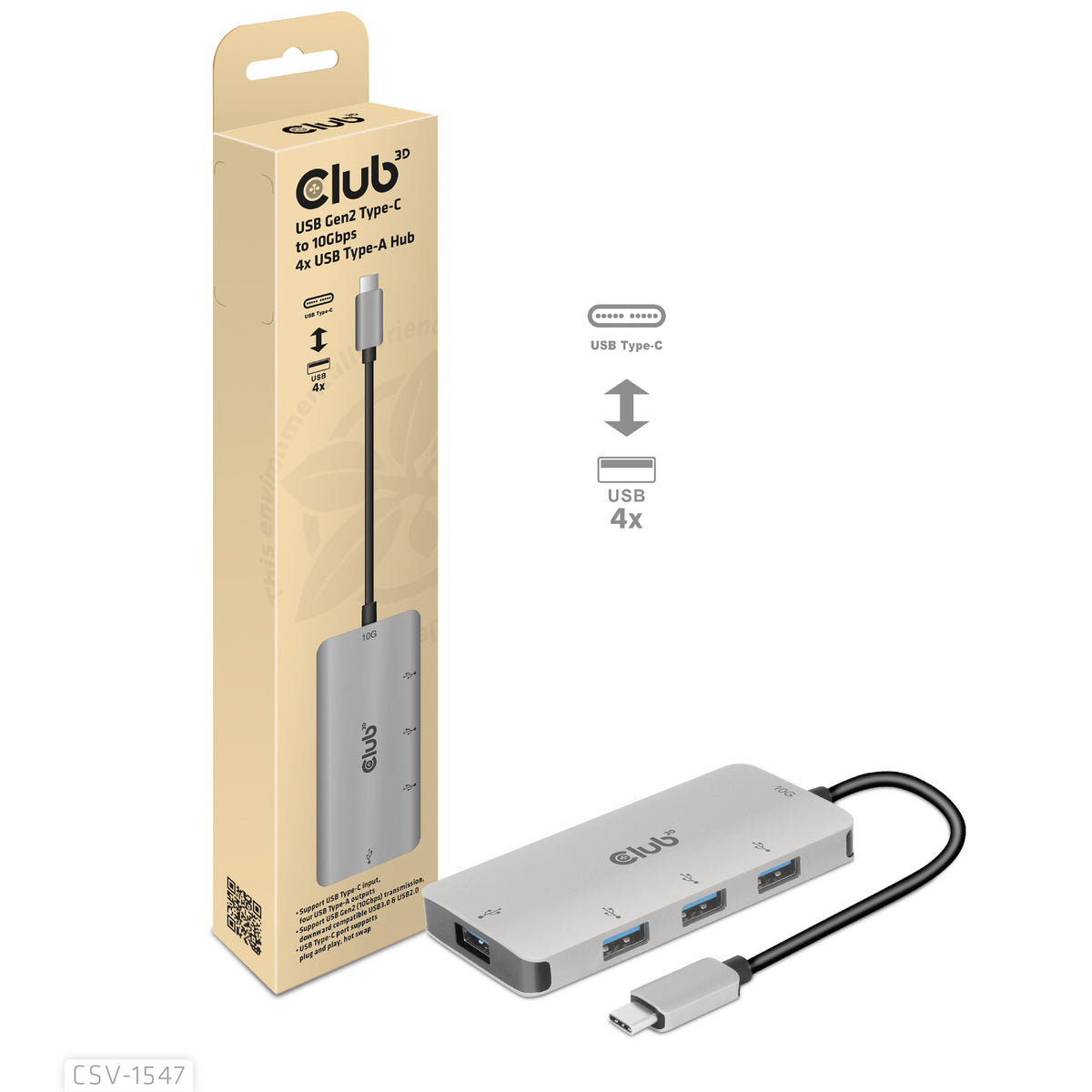 CLUB3D Hub USB-C vers 4 ports USB-A, Transfert Rapide 10Gbps
