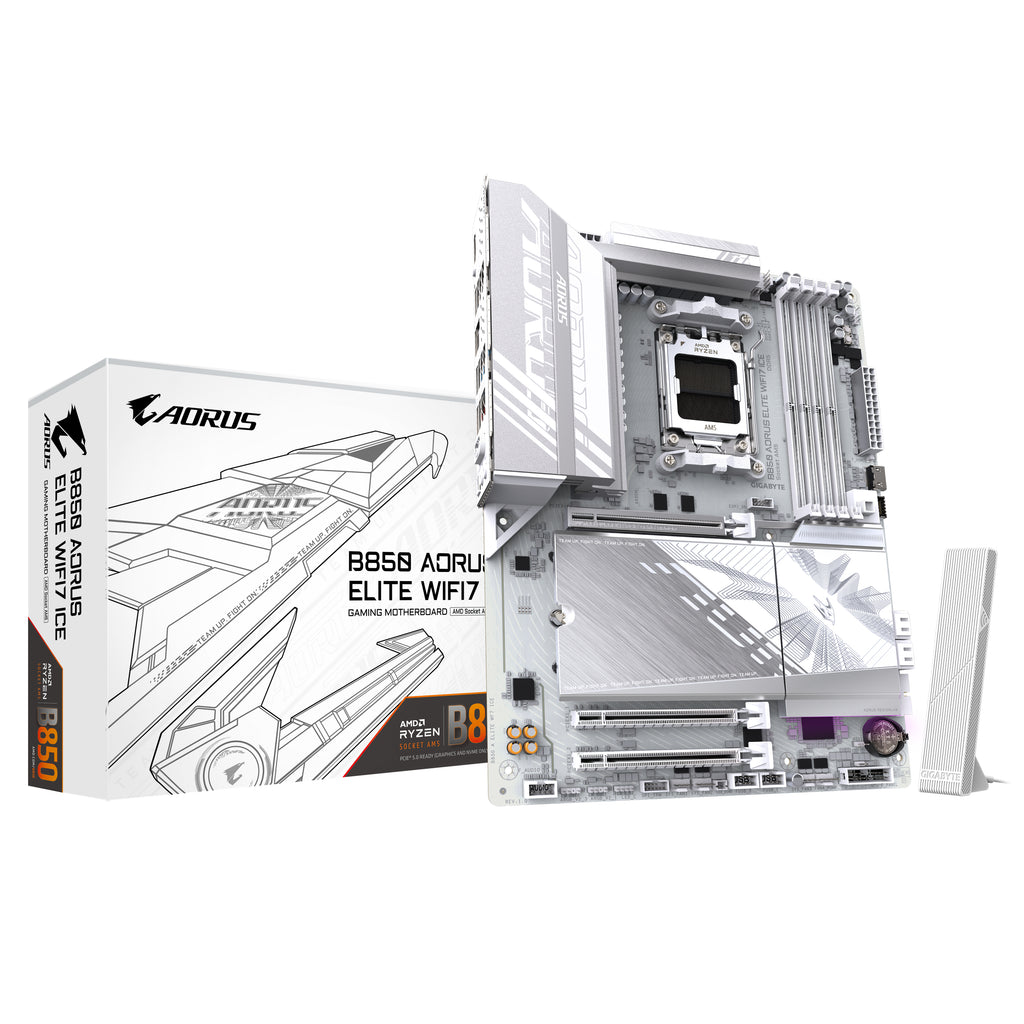 GIGABYTE B850 AORUS ELITE WIFI7 ICE Carte Mère - AMD Ryzen 9000 Series CPUs, VRM numérique 14+2+2 phases, jusqu'à 8200MHz DDR5 (OC), 1xPCIe 5.0 + 2xPCIe 4.0 M.2, LAN 2,5, WIFI 7, USB 3.2 Gen 2x2