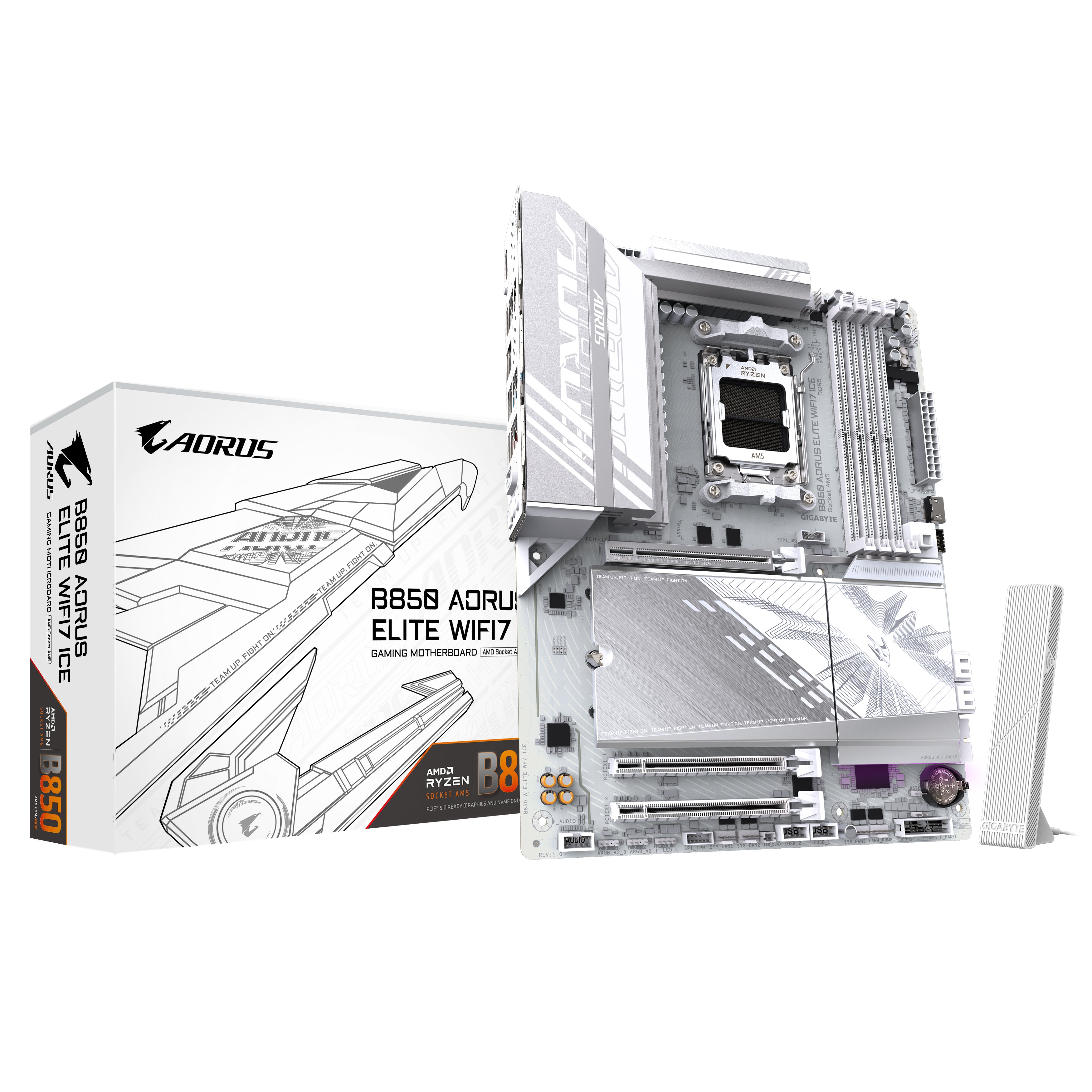 GIGABYTE B850 AORUS ELITE WIFI7 ICE Carte Mère - AMD Ryzen 9000 Series CPUs, VRM numérique 14+2+2 phases, jusqu'à 8200MHz DDR5 (OC), 1xPCIe 5.0 + 2xPCIe 4.0 M.2, LAN 2,5, WIFI 7, USB 3.2 Gen 2x2