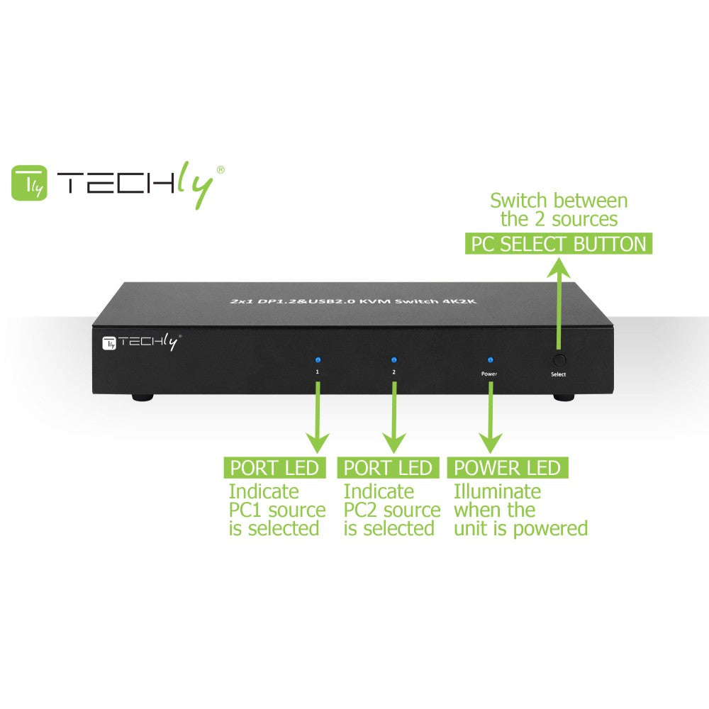 Techly IDATA DP-KVM2 commutateur écran, clavier et souris Noir