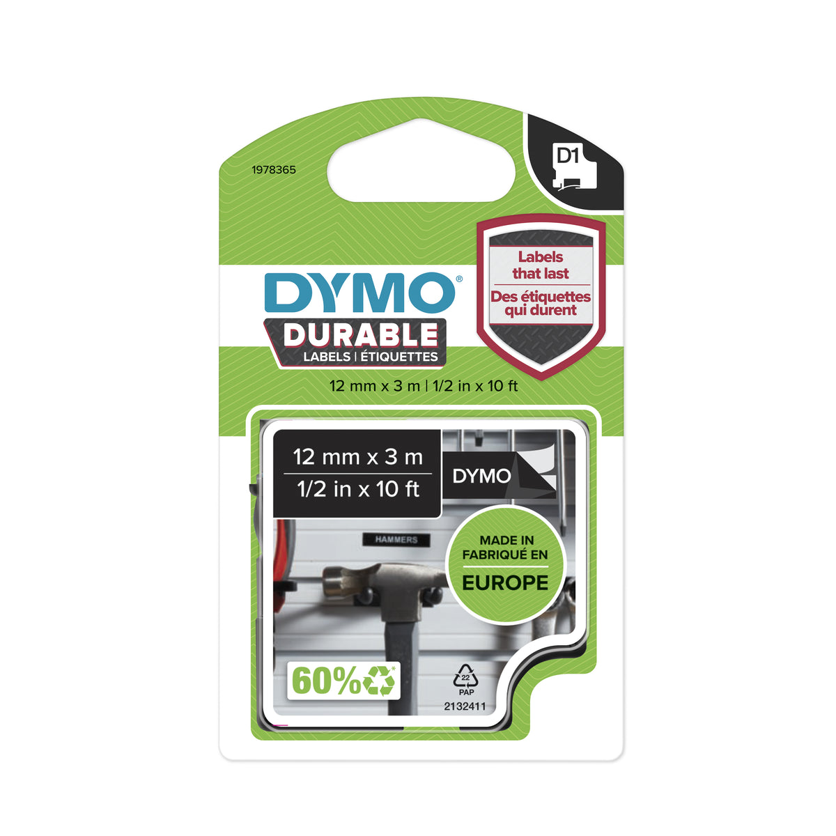 DYMO D1 Étiquettes résistantes | 12mm x 5,5m | impression en blanc sur fond noir | autocollantes étiquettes authentiques