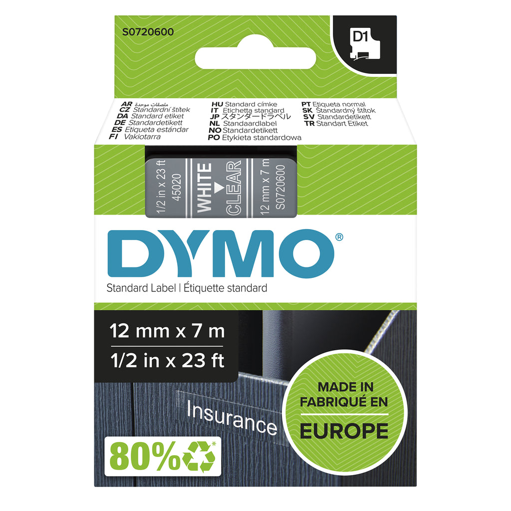 DYMO D1 étiquettes autocollantes authentiques | rouleau de 12 mm x 7 m | impression en noir sur fond transparent | pour étiqueteuses LabelManager