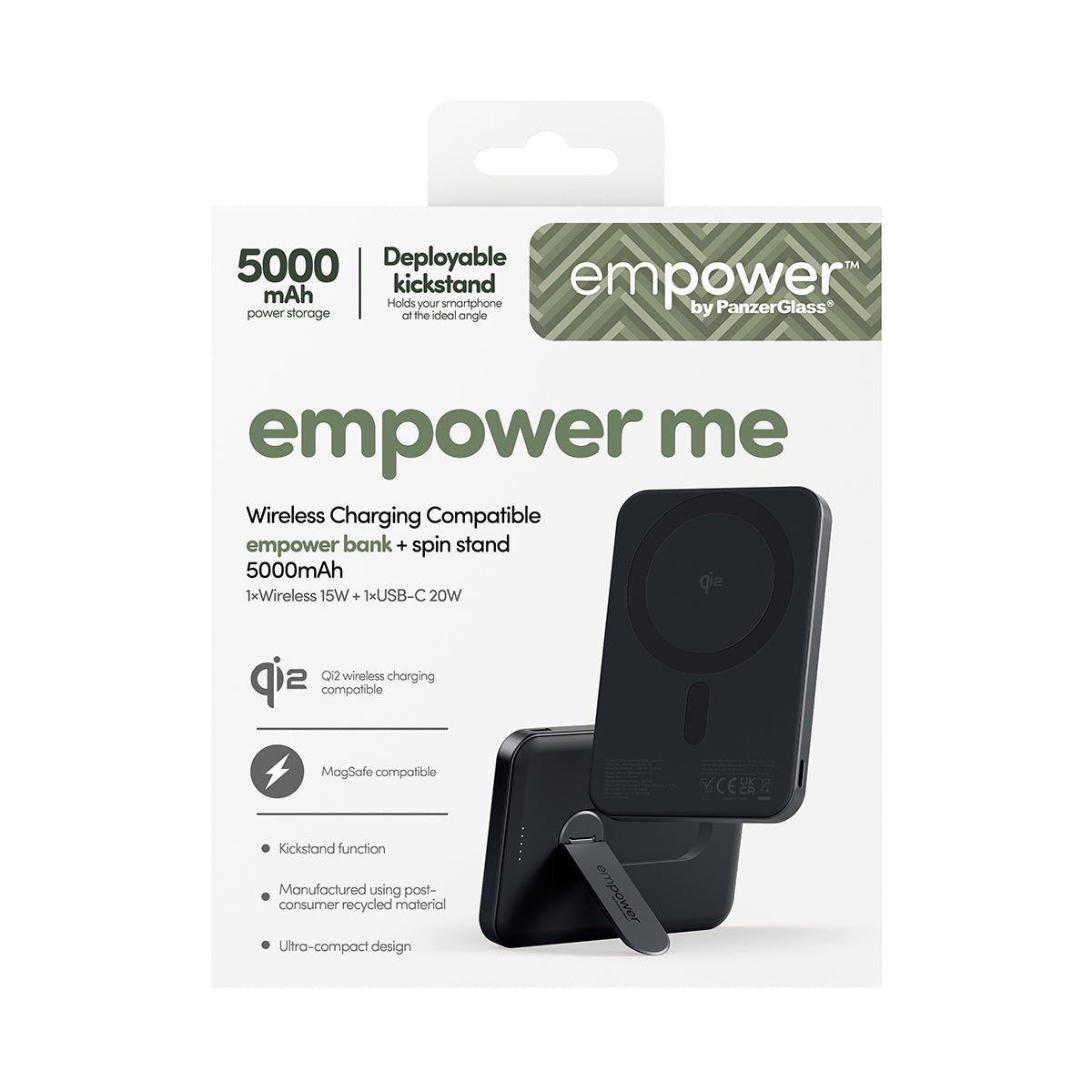 PanzerGlass empower™ by ® empower™ Bank w. Spin Stand | 5000mAh | Space Black Noir
