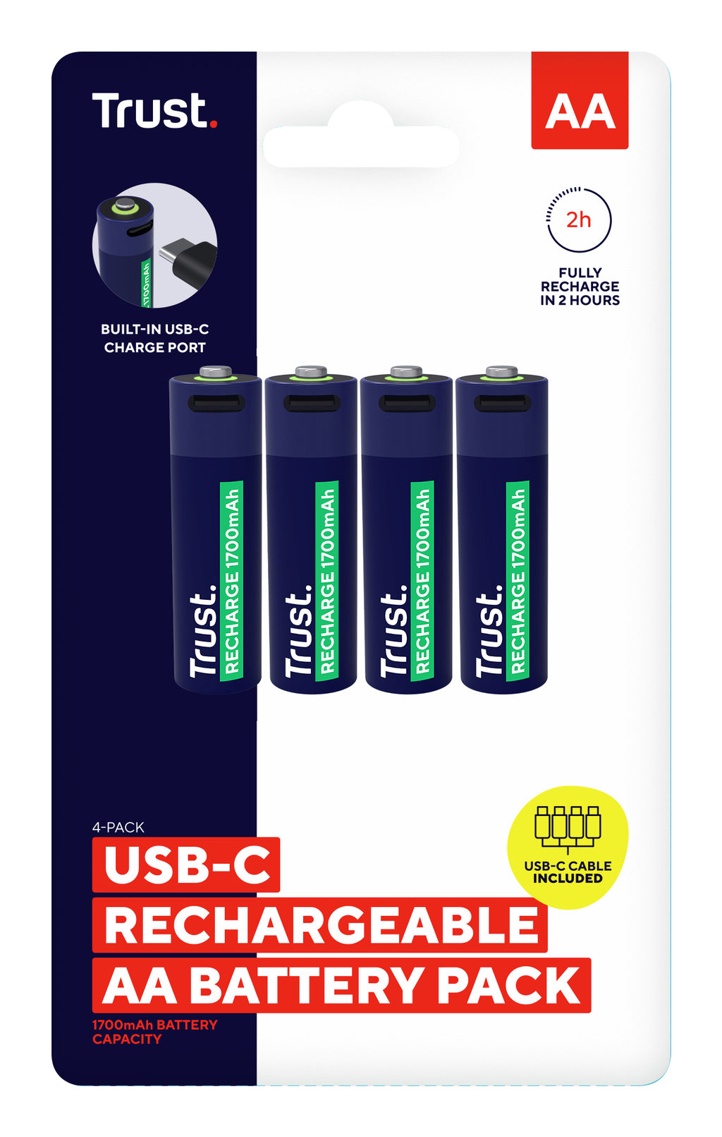 Trust 25631 Piles Rechargeables AA avec Câble USB-C