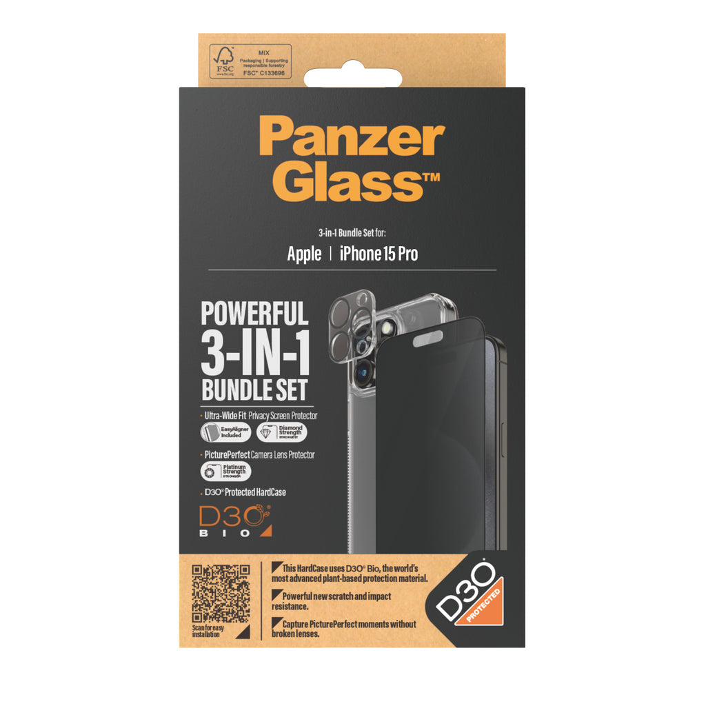 PanzerGlass ® 3-in-1 Privacy Bundle iPhone 15 Pro Protection d'écran transparent Apple 1 pièce(s)