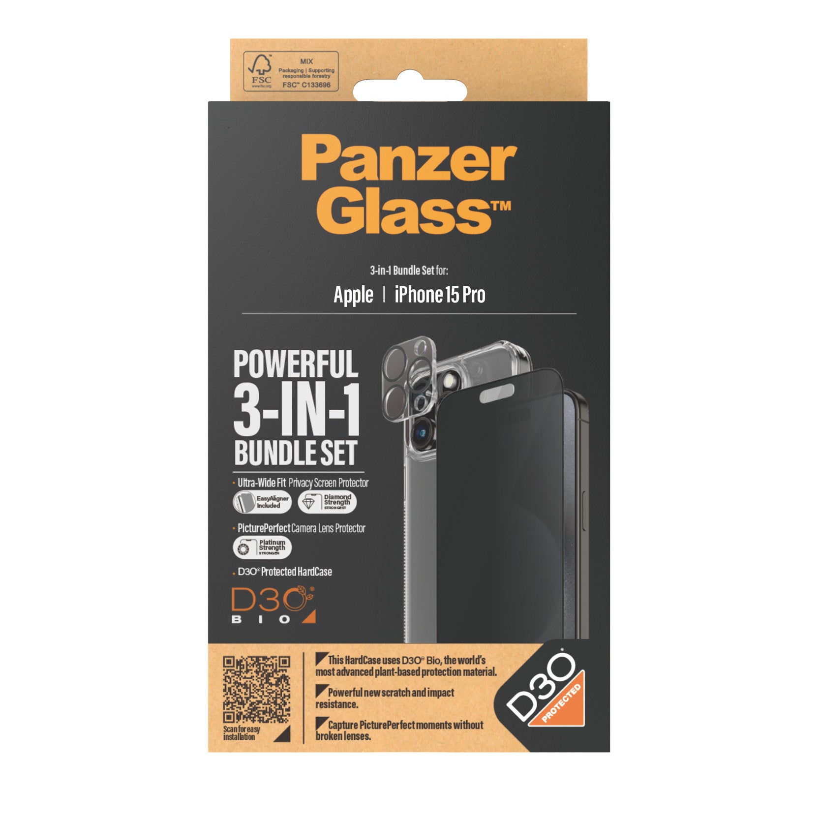 PanzerGlass ® 3-in-1 Privacy Bundle iPhone 15 Pro Protection d'écran transparent Apple 1 pièce(s)