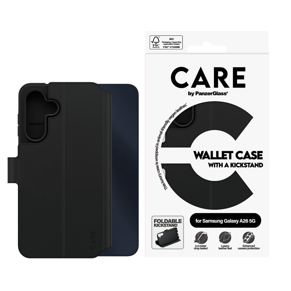 PanzerGlass CARE Wallet Case avec Support pour Samsung Galaxy A26 5G, Housse de Protection 6.7", Noir