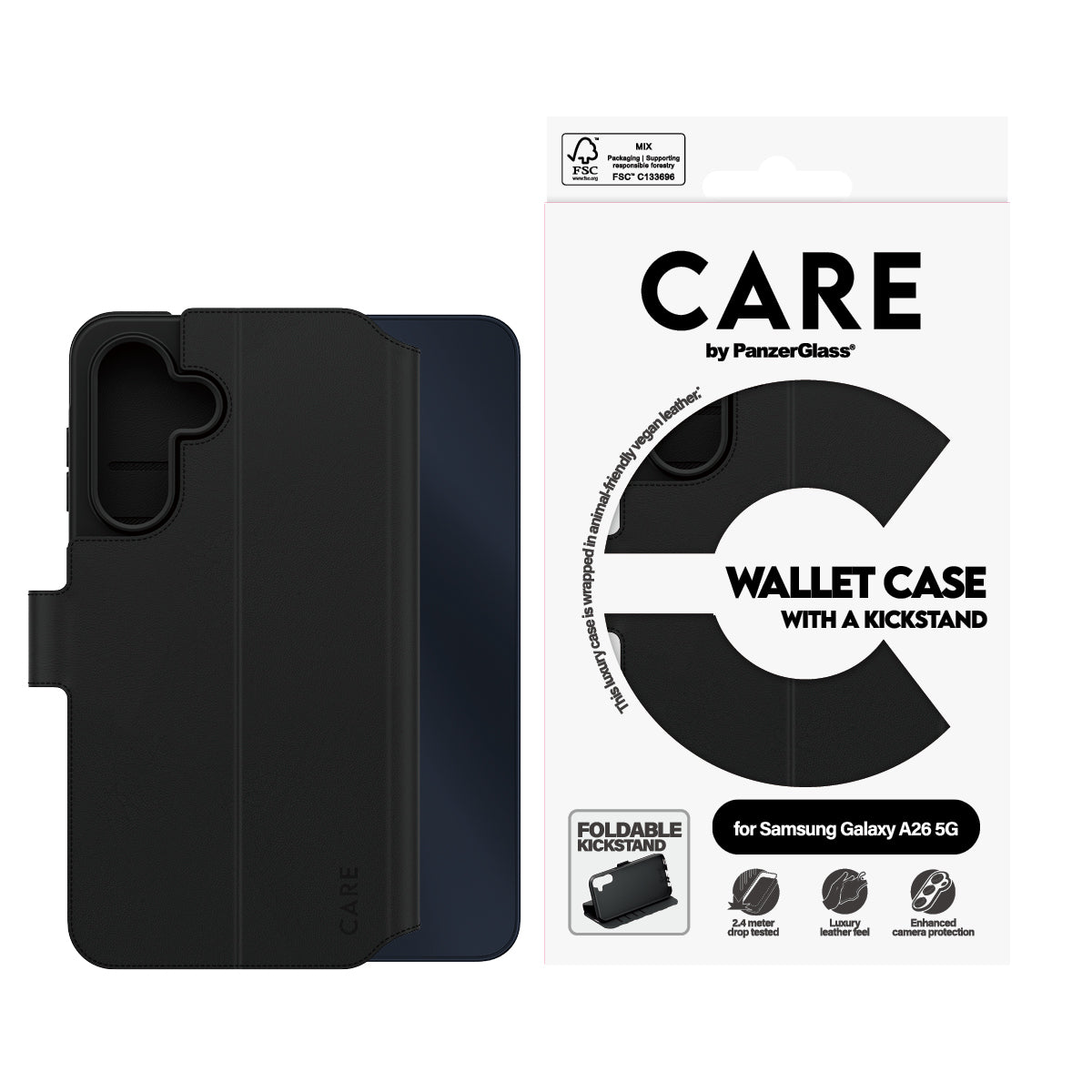 PanzerGlass CARE Wallet Case avec Support pour Samsung Galaxy A26 5G, Housse de Protection 6.7", Noir
