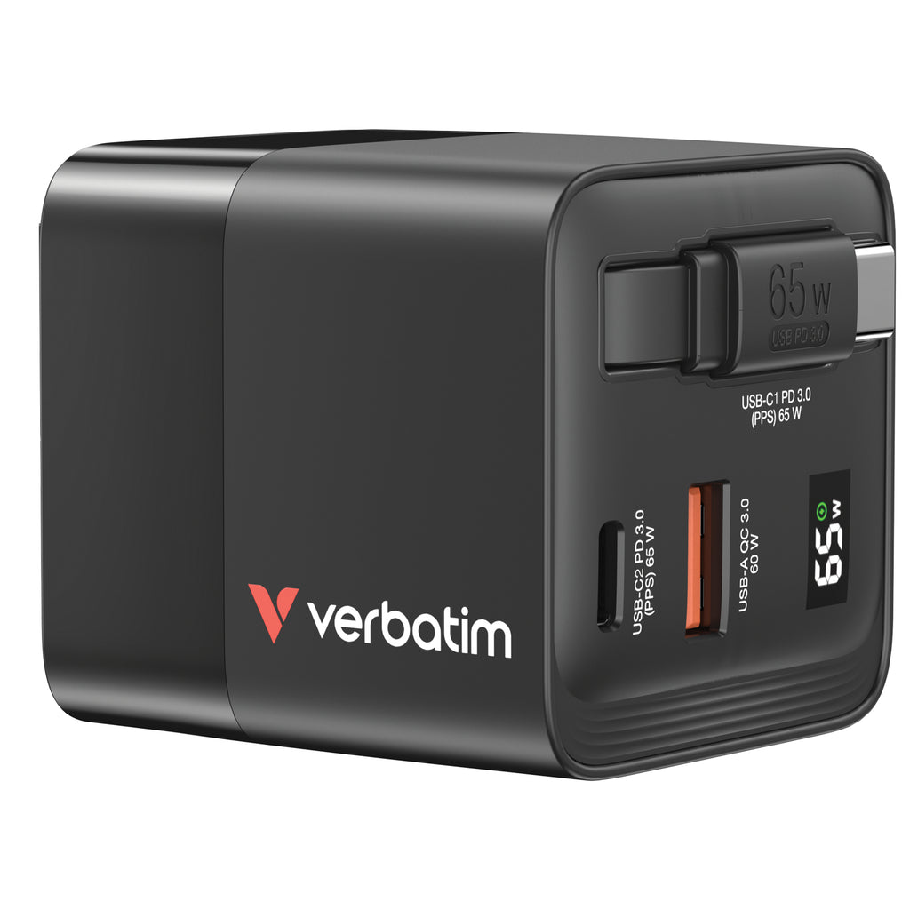 Verbatim Chargeur GaN 65W Universel, Charge Rapide, Secteur, Noir