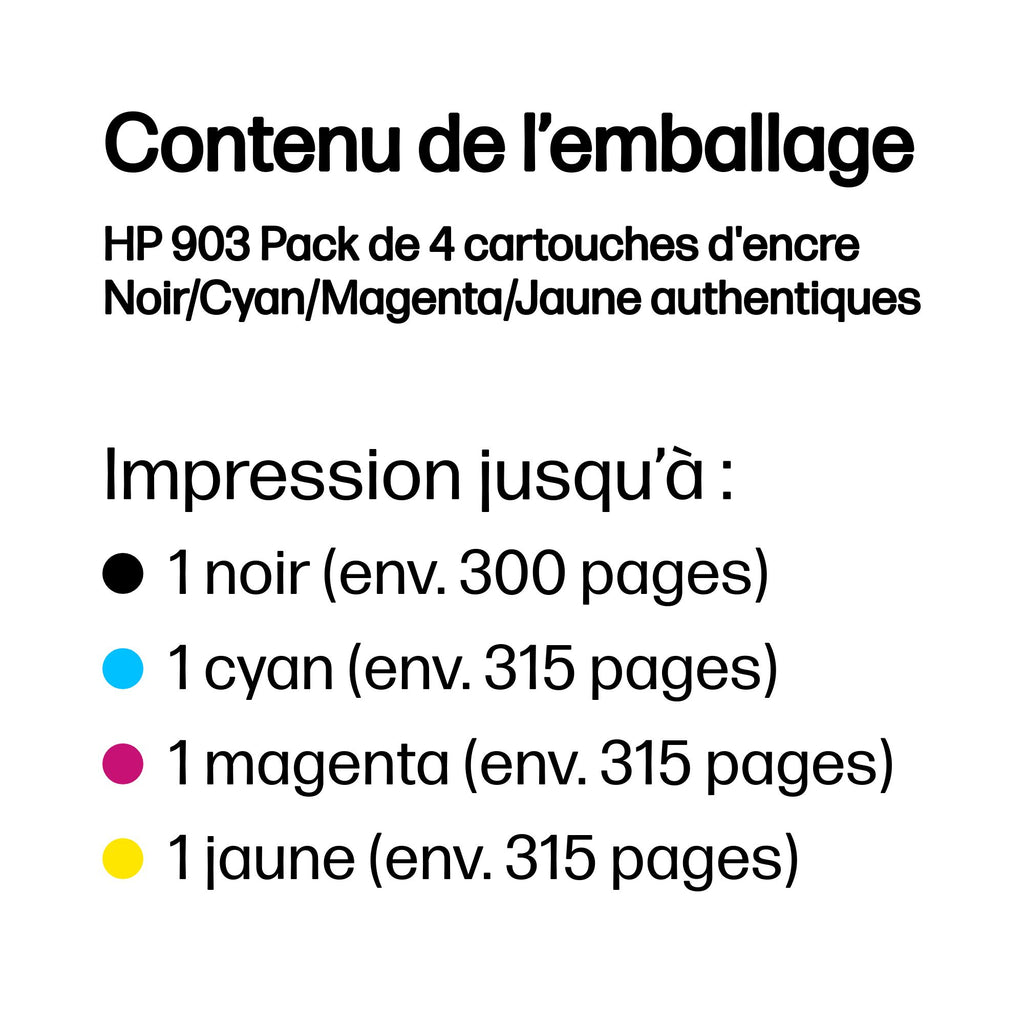 HP 903 Pack de 4 cartouches d'encre Noir/Cyan/Magenta/Jaune authentiques