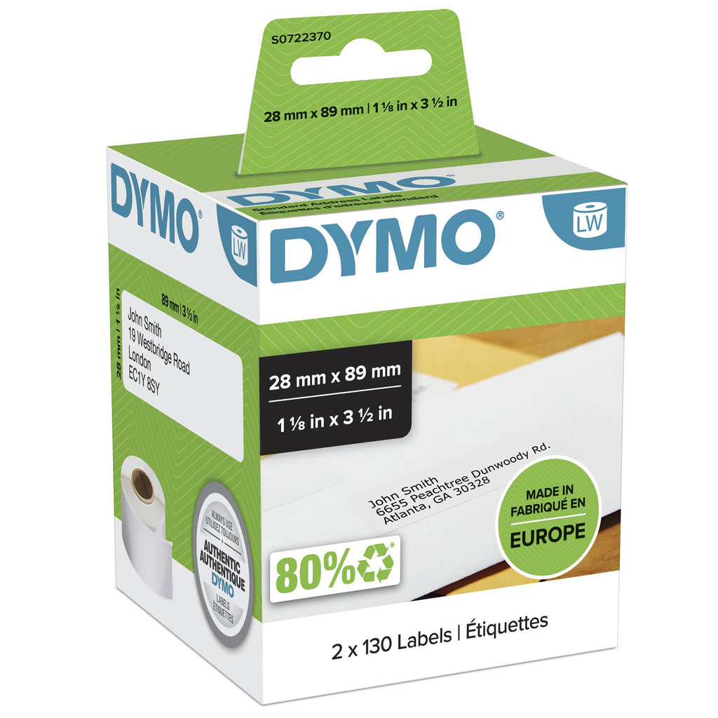DYMO LabelWriter Étiquettes d'Adresse Autocollantes, 28mm x 89mm, Noir sur Blanc, Rouleau de 130