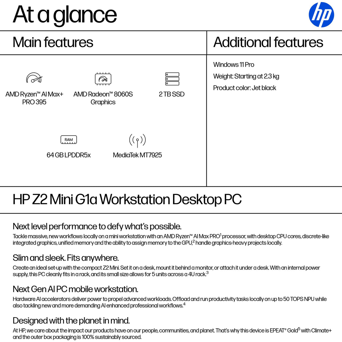 HP Workstation Z2 G1a Mini Ryzen AI Max+ Pro 395 64GB 2TB AMD Radeon 8060S Windows 11 Pro