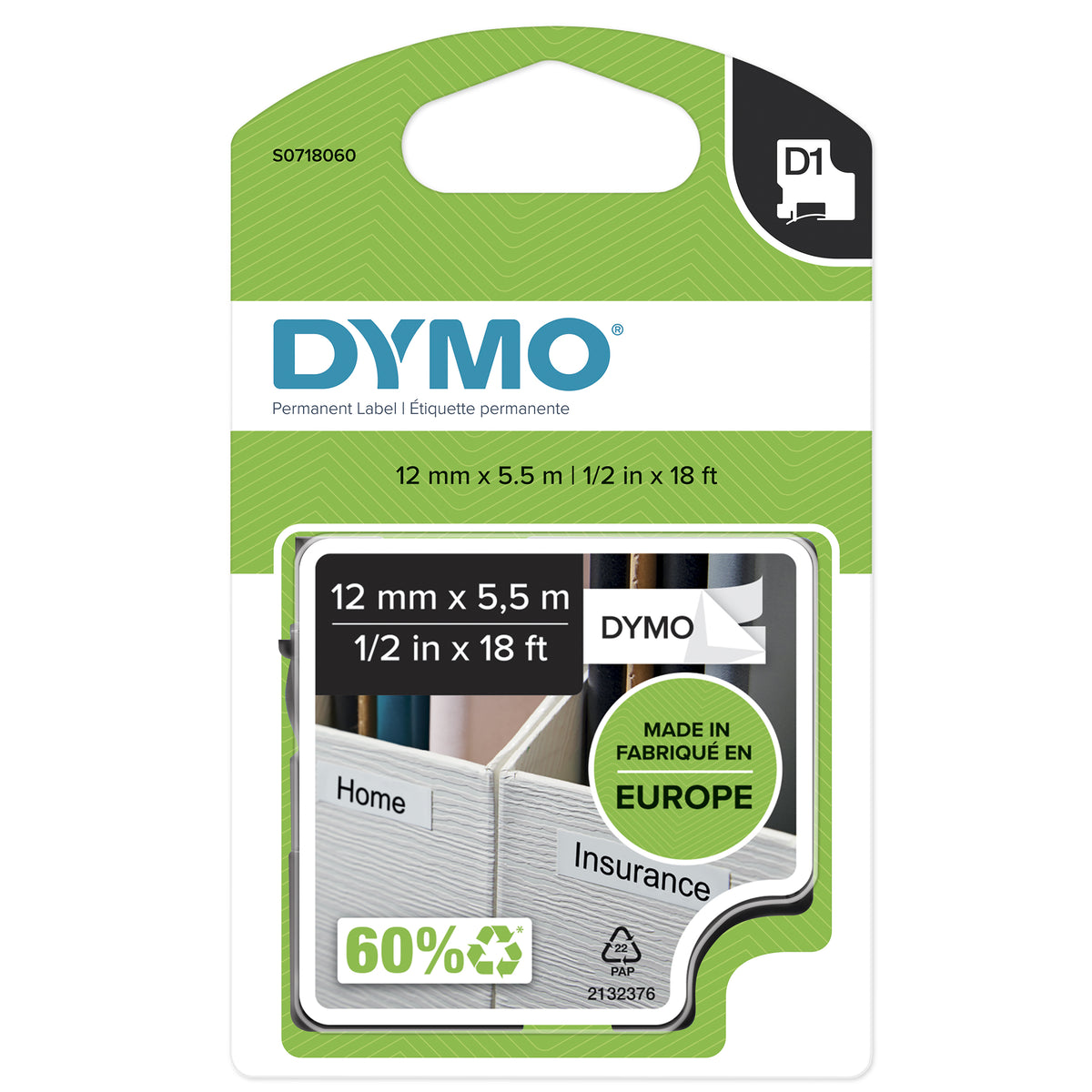 DYMO D1 Mærkattape (1,2 cm x 5,5 m) 1kassette(r) S0718060