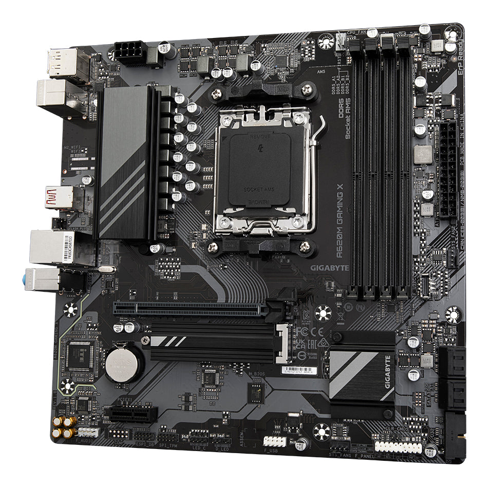 GIGABYTE A620M GAMING X Carte Mère - Prend en charge les processeurs AMD Ryzen 8000, VRM numérique 8+2+1 phases, jusqu'à 8000MHz DDR5 (OC), 1xPCIe 4.0 M.2, LAN GbE, USB 3.2 Gen 2 - vue 4