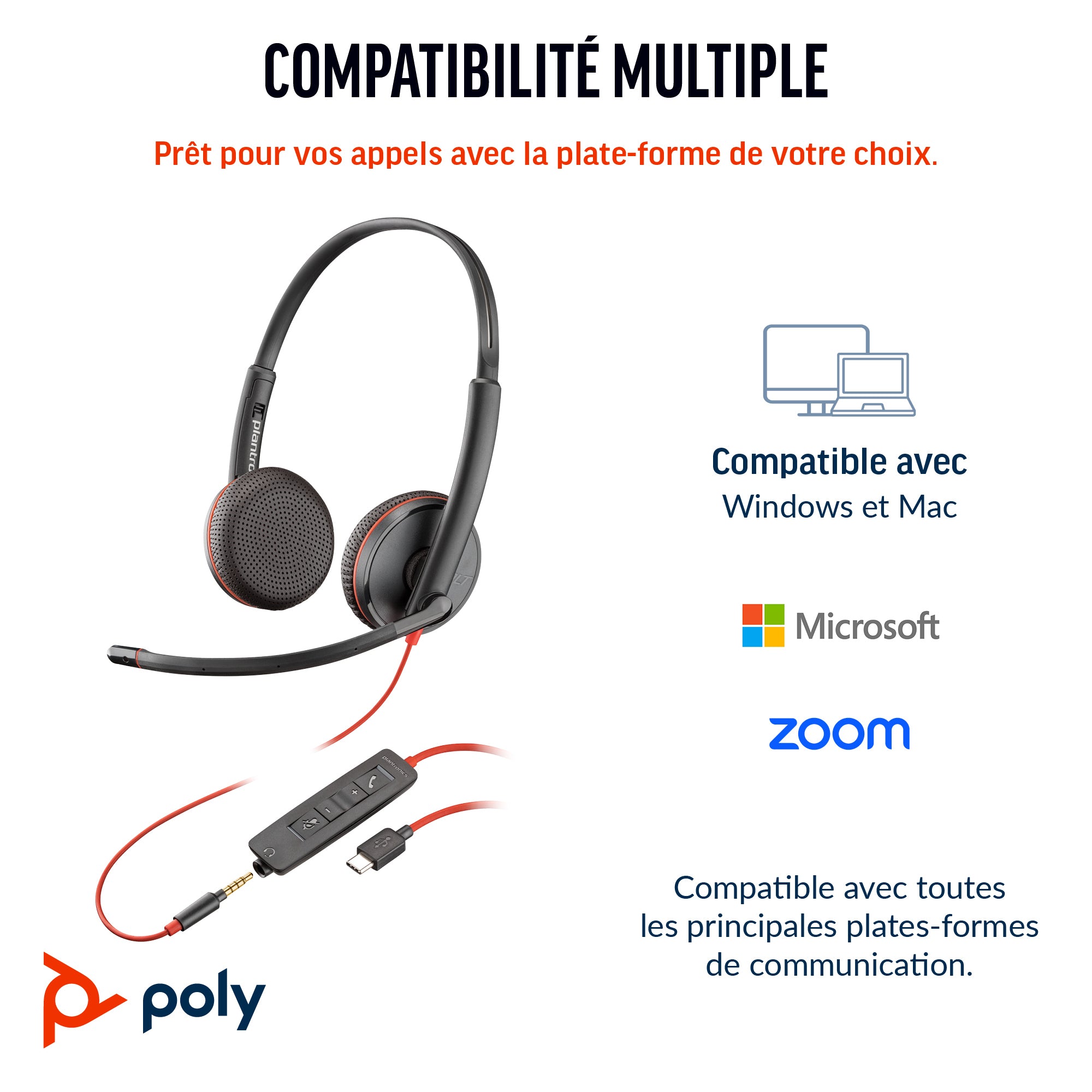 HP Poly Micro-casque stéréo USB-C Poly Blackwire 3225 + prise 3,5 mm + adaptateur USB-C/A (lot)