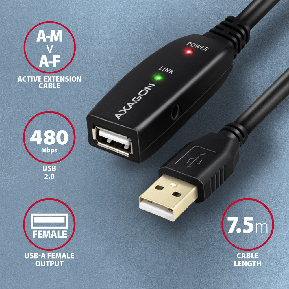 Axagon ADR-207 câble USB USB 2.0 7,5 m USB A 0,48 Gbit/s Noir