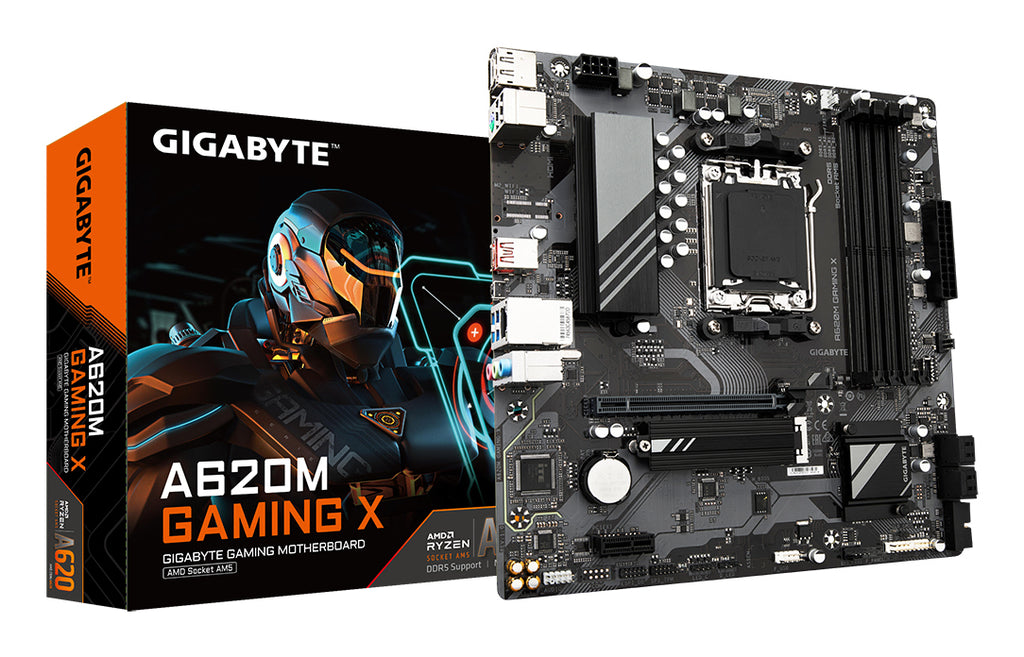 GIGABYTE A620M GAMING X Carte Mère - Prend en charge les processeurs AMD Ryzen 8000, VRM numérique 8+2+1 phases, jusqu'à 8000MHz DDR5 (OC), 1xPCIe 4.0 M.2, LAN GbE, USB 3.2 Gen 2