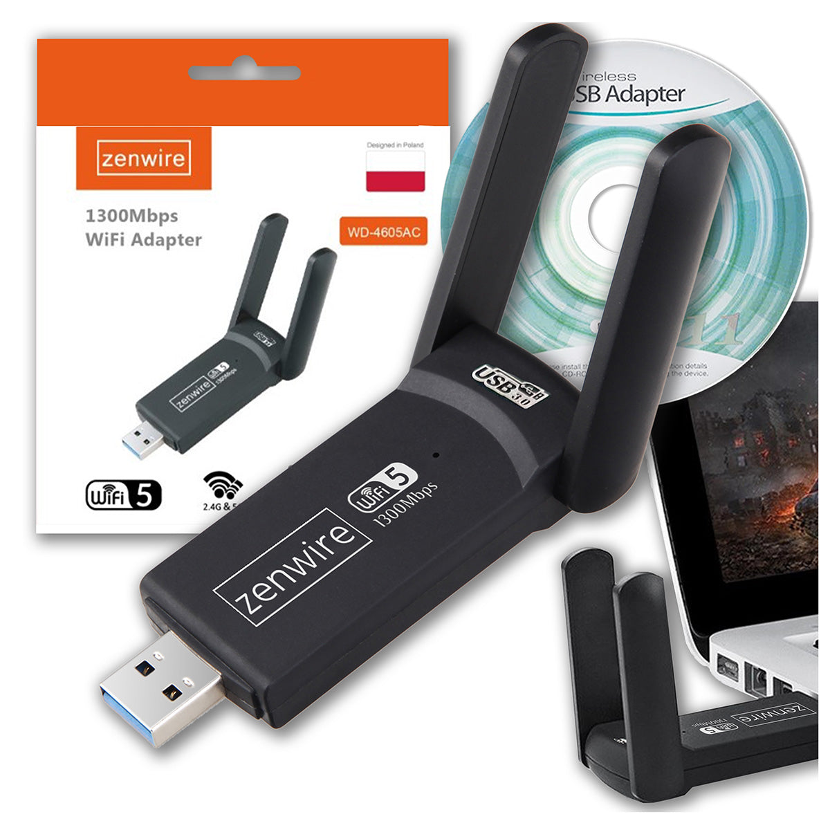Adaptateur réseau USB 3.0 WiFi 1300 Mb/s externe 5 GHz Zenwire WD-4605AC