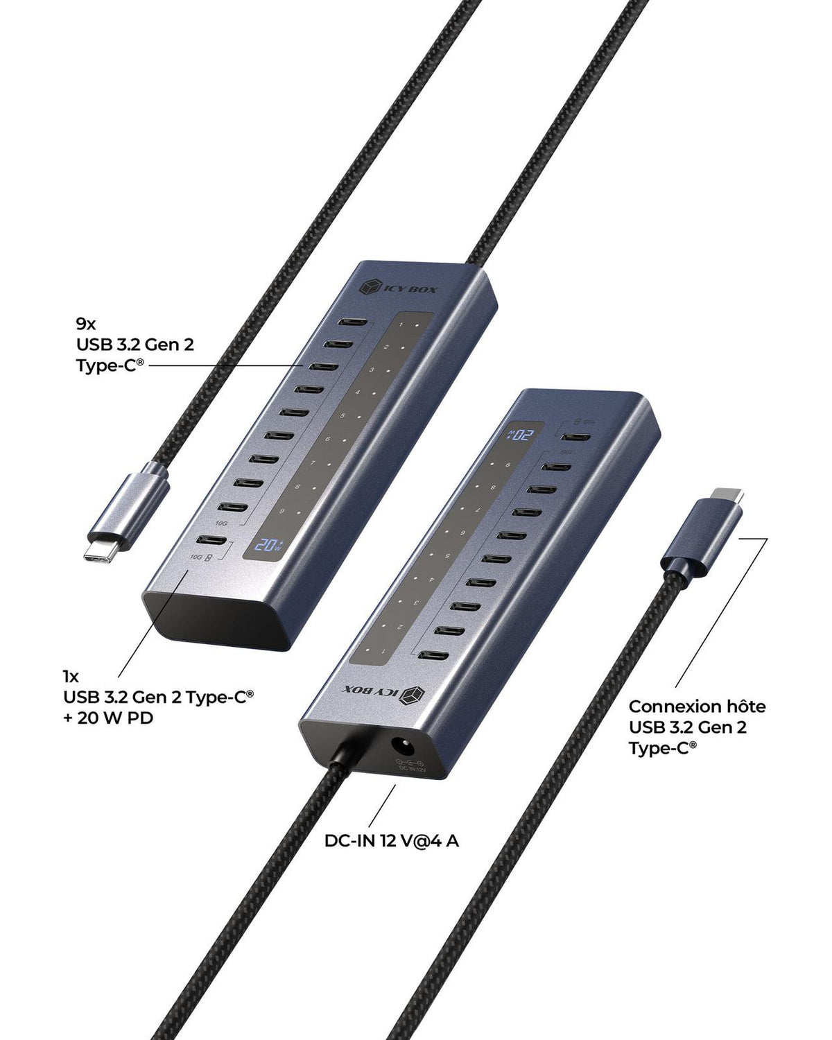 Hub USB Type-C Gen 2 10 ports, Transfert 10 Gbit/s, Power Delivery 20W, Affichage LED, IB-HUB1450-C31