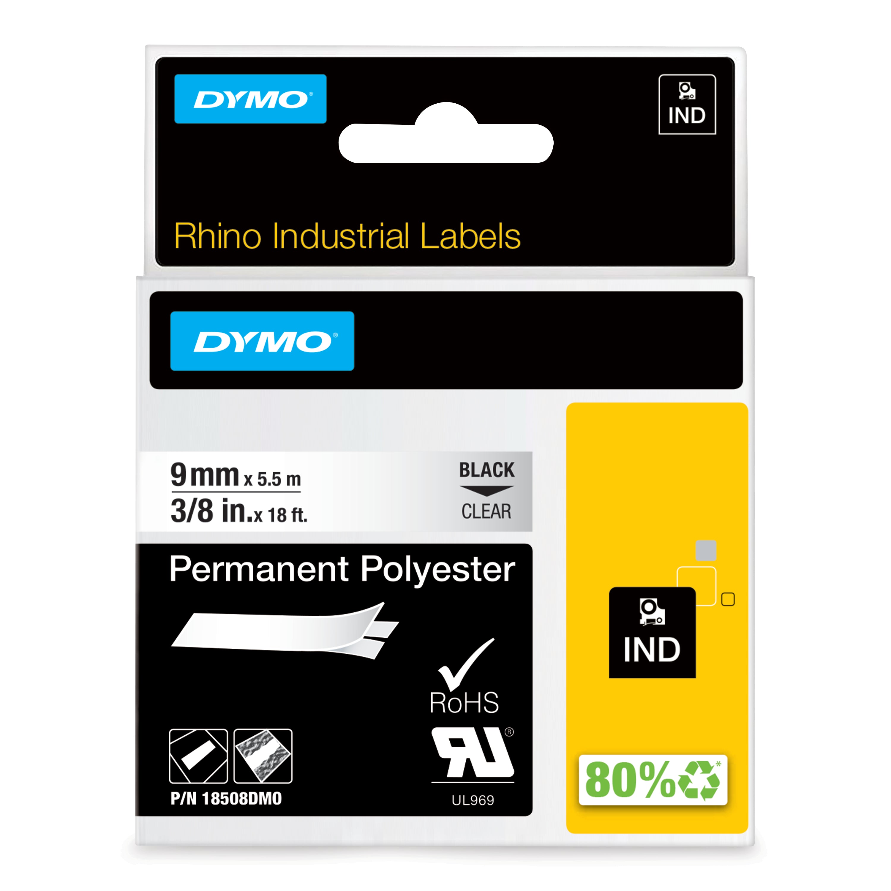 DYMO Rhino étiquettes industrielles autocollantes en polyester | 9 mm x 5,5 m | impression en noir sur fond transparent