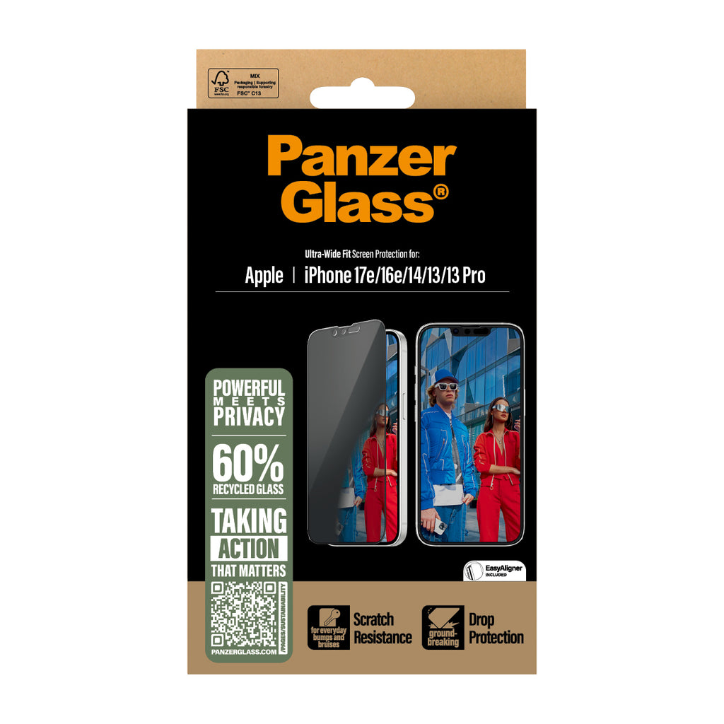 PanzerGlass ® 2-Way Privacy Screen Protector iPhone 17e | 16e | 14 | 13 | 13 Pro | Ultra-Wide Fit w. EasyAligner Protection d'écran transparent Apple 1 pièce(s)