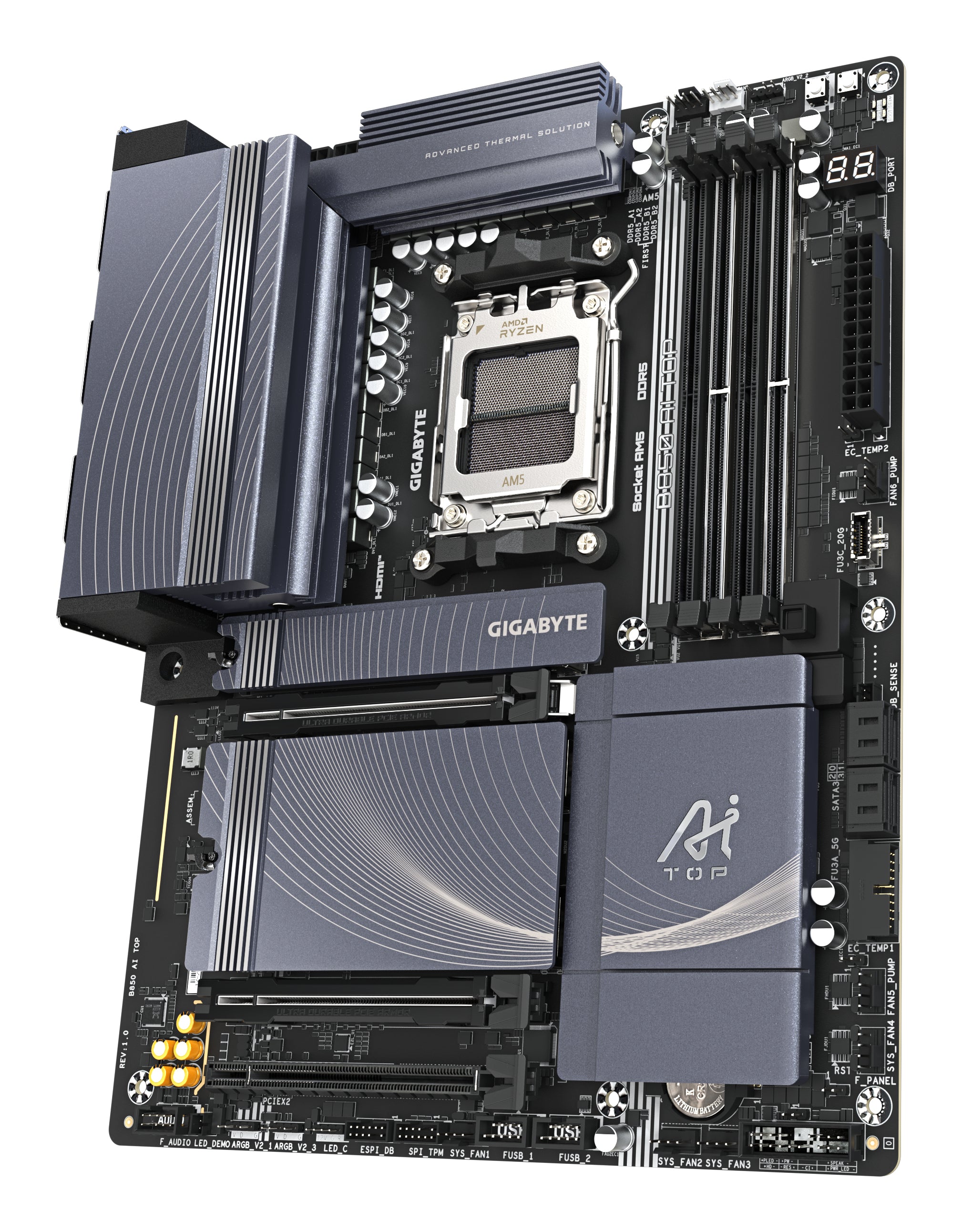GIGABYTE B850 AI TOP Carte Mère - Processeurs AMD Ryzen Série 9000, 16+2+2 phases VRM numériques, jusqu'à 8600MHz DDR5 (OC), 2xPCIe 5.0 + 1xPCIe 4.0 M.2, LAN 10GbE, WIFI 7, USB 3.2 Gen 2x2