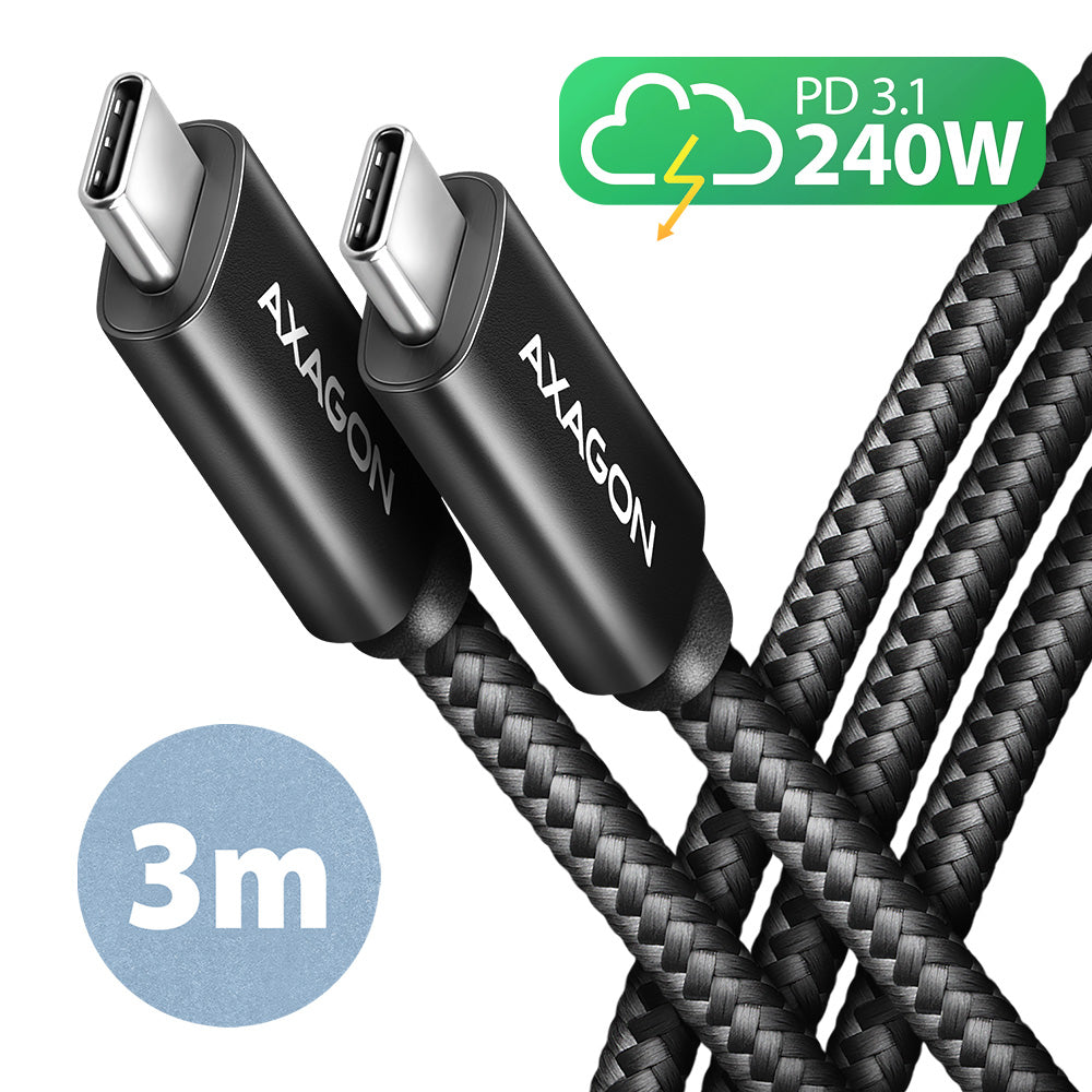Axagon BUCM2-CM30AB Ladekabel USB-C zu USB-C 2.0, 3 m, PD 240 W 5 A, ALU - Schwarz - 3 Meter langes USB-C zu USB-C Kabel - Daten- und Ladefähig câble USB USB 2.0 USB C 0,48 Gbit/s Noir