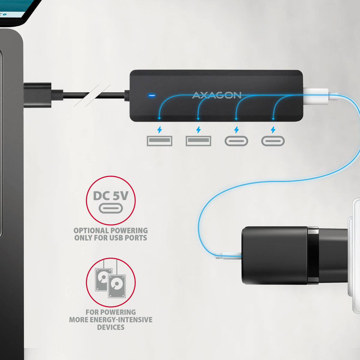 Axagon HUE-C2A hub & concentrateur USB 3.2 Gen 1 (3.1 Gen 1) Type-A 5000 Mbit/s Noir