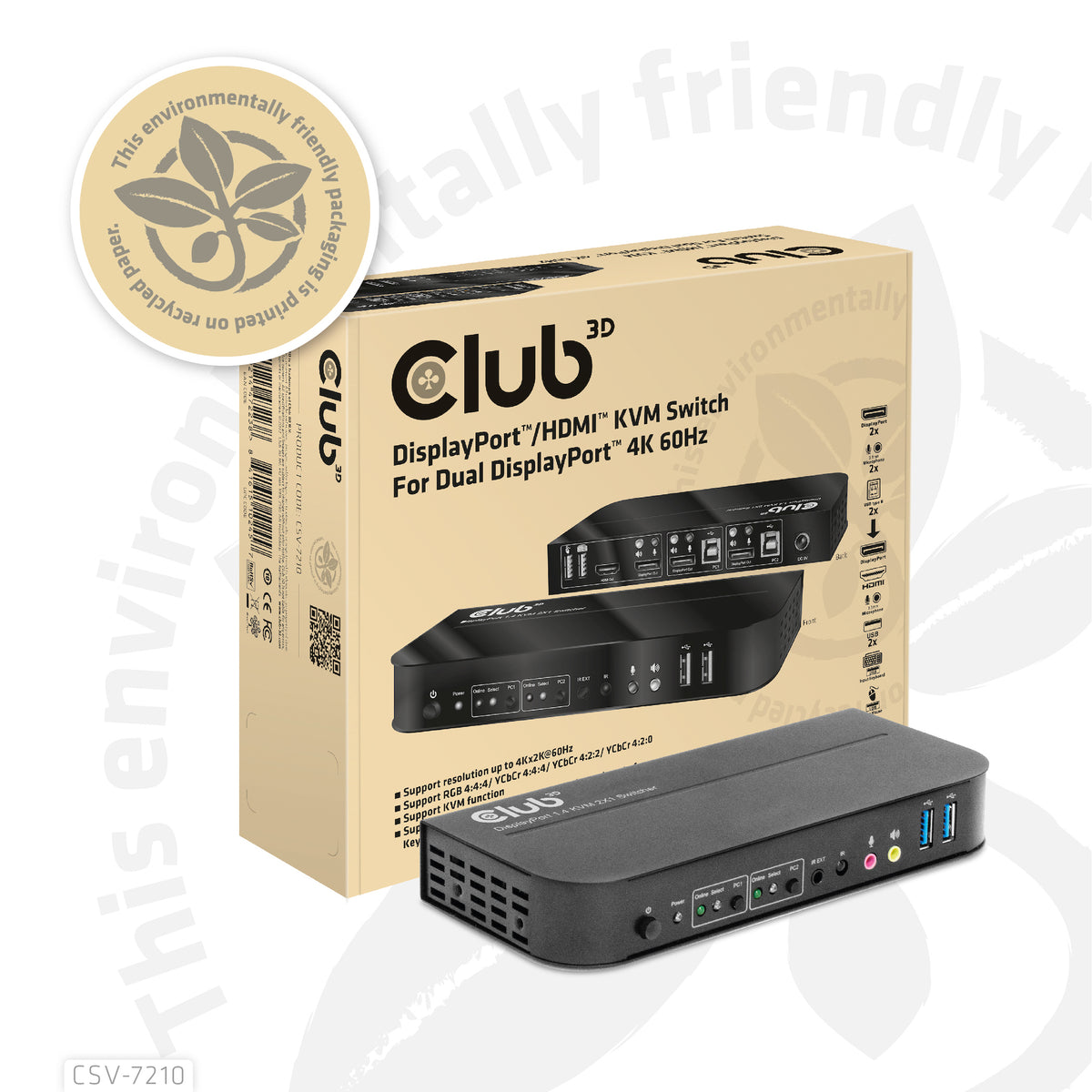 CLUB3D CSV-7210 Commutateur KVM Écran, Clavier et Souris, 4K Ultra HD, Noir