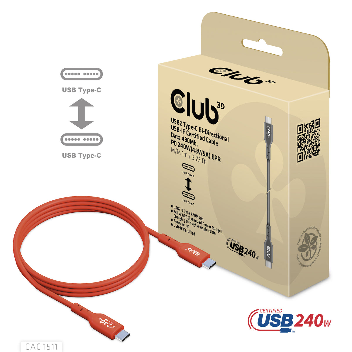 CLUB3D CAC-1511 Câble USB-C vers USB-C 2.0, 1 m, 240 W, 0,48 Gbit/s, Orange