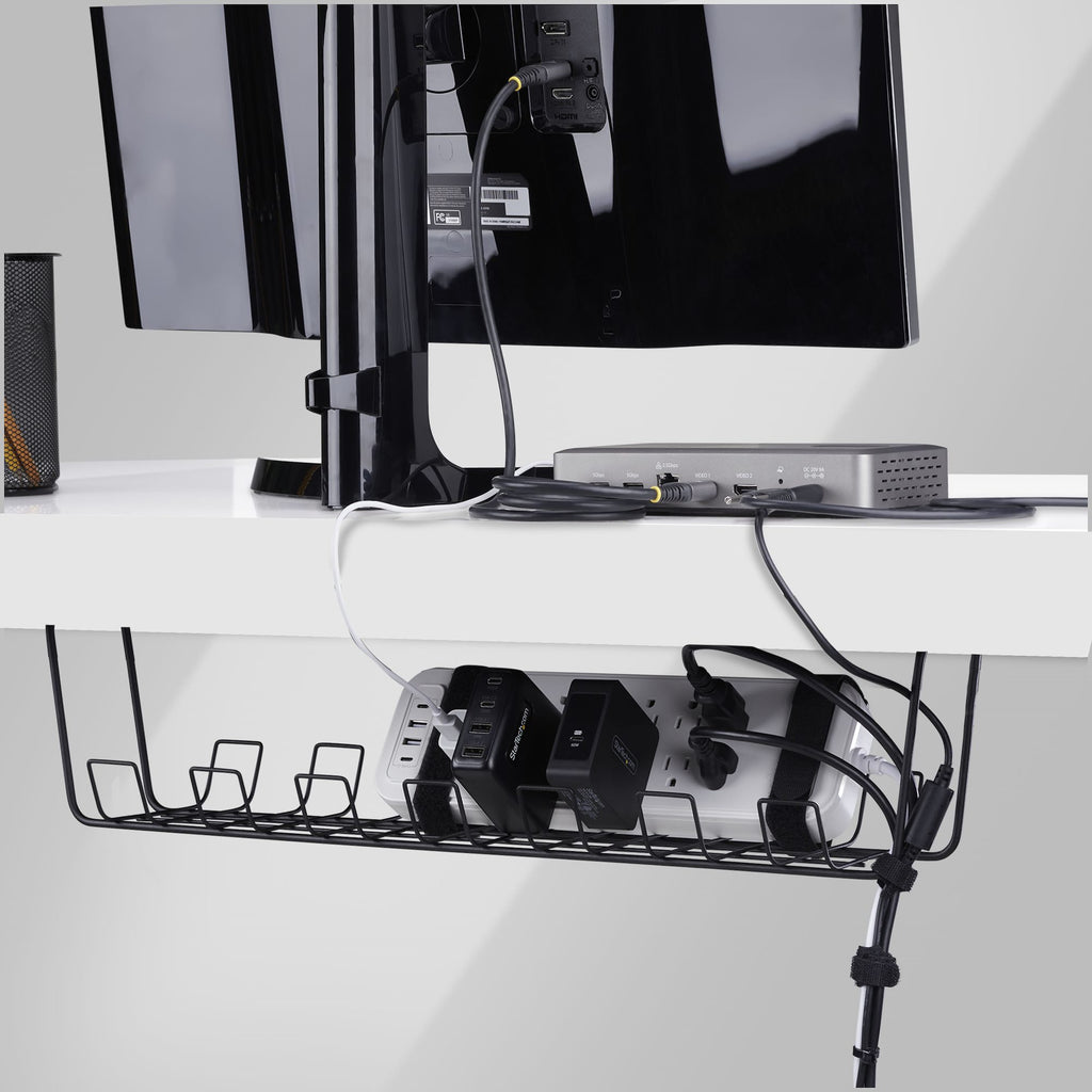 StarTech.com Bac de Rangement de Câbles sous Bureau, 61,5cm, Organiseur Métallique Type Panier, Noir