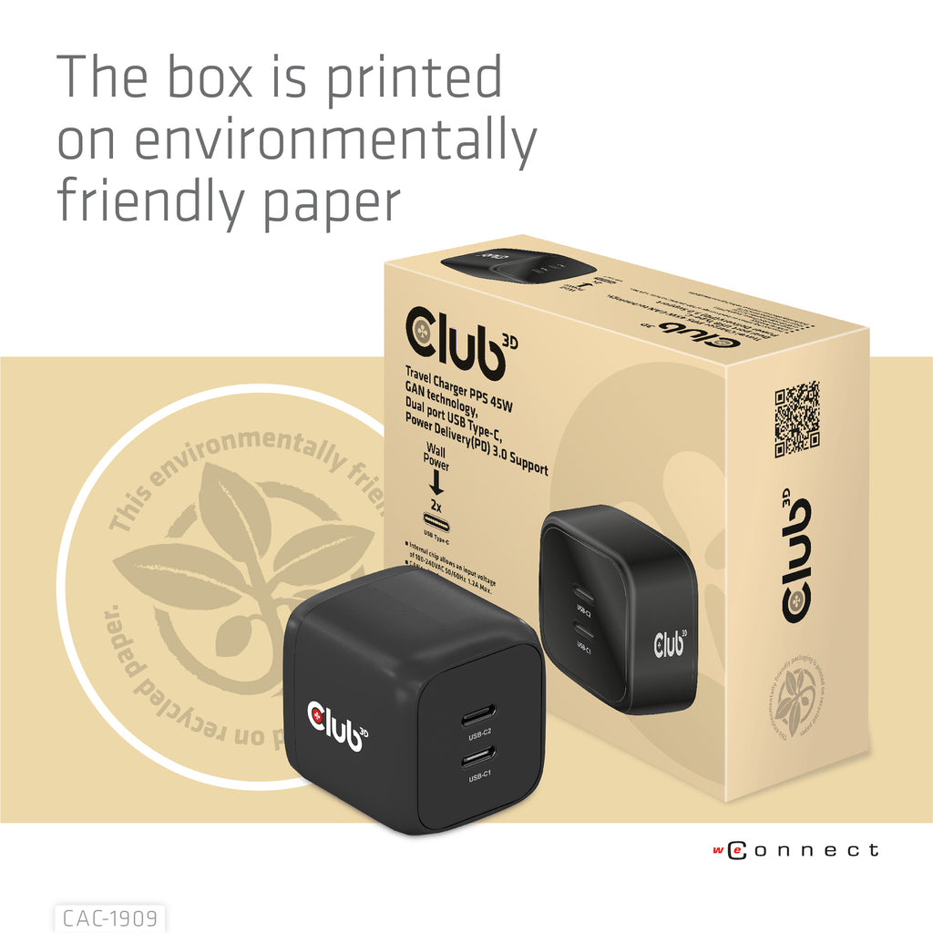 CLUB3D CAC-1909EU chargeur d'appareils mobiles Téléphone portable, Ordinateur portable, Smartphone Noir Secteur Intérieure