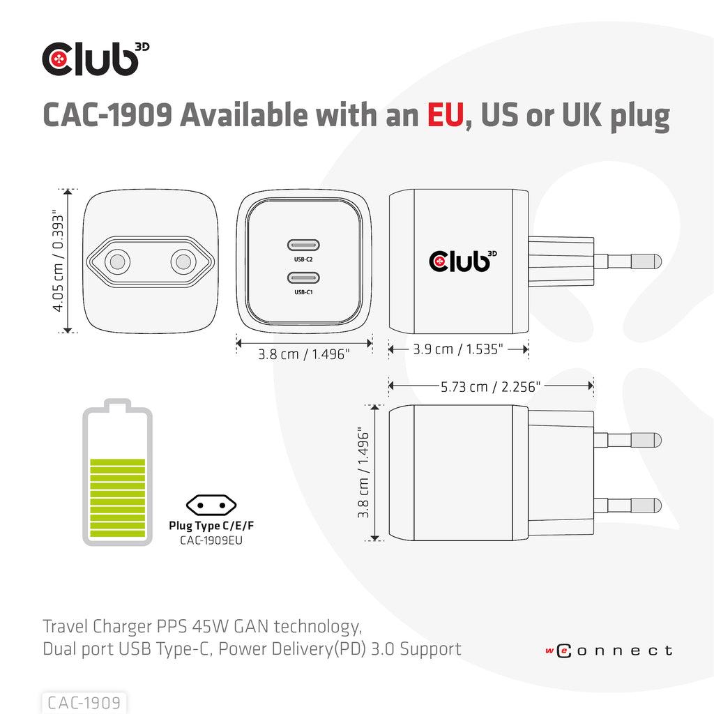 CLUB3D CAC-1909EU chargeur d'appareils mobiles Téléphone portable, Ordinateur portable, Smartphone Noir Secteur Intérieure