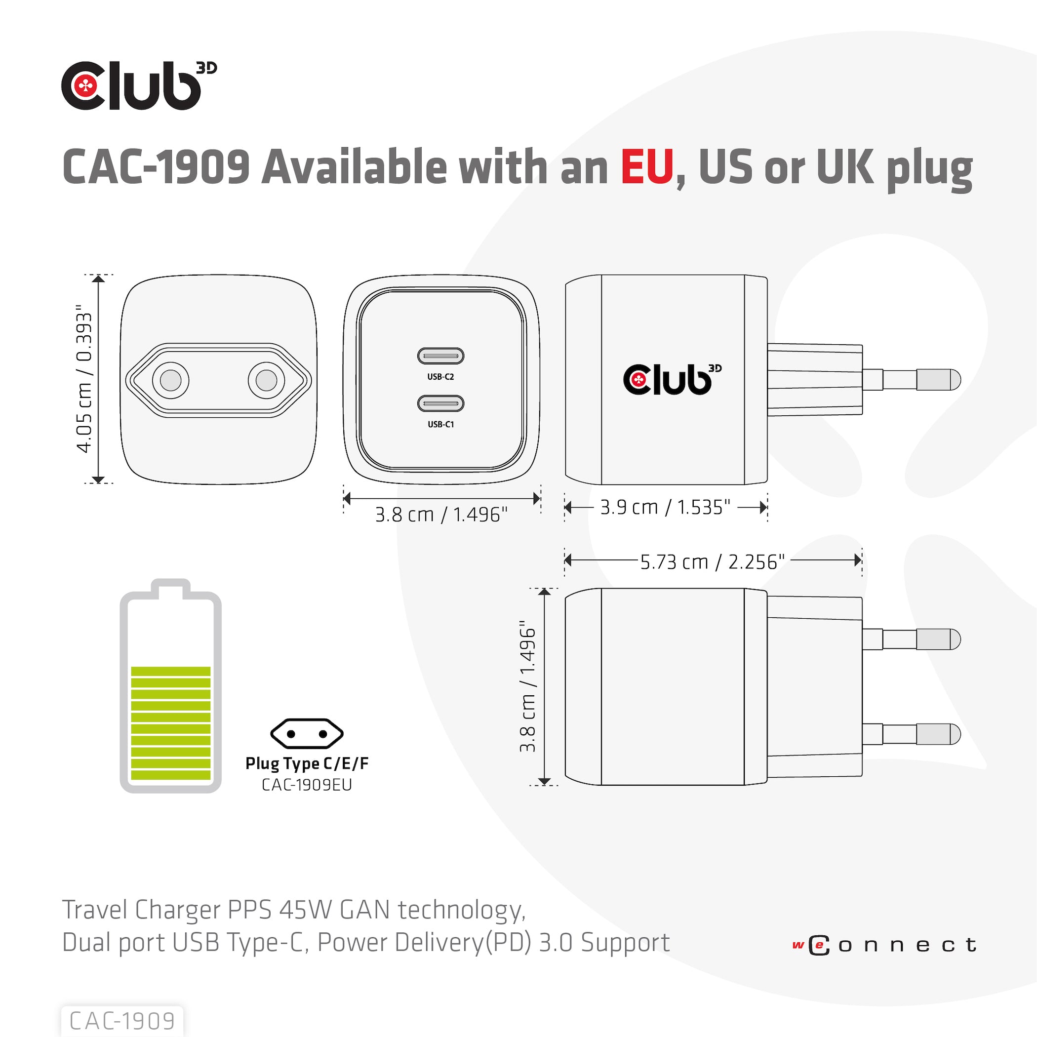 CLUB3D CAC-1909EU chargeur d'appareils mobiles Téléphone portable, Ordinateur portable, Smartphone Noir Secteur Intérieure
